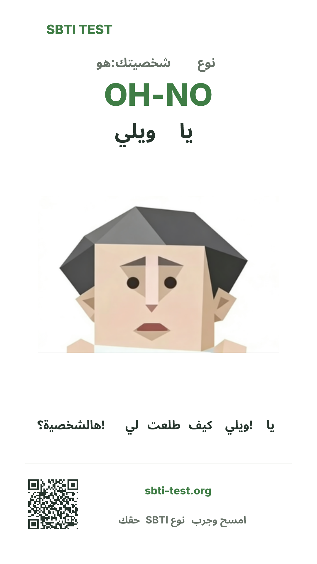 ملصق عمودي لنتيجة SBTI OH-NO المذعور مع الصورة الرئيسية ومعلومات المشاركة