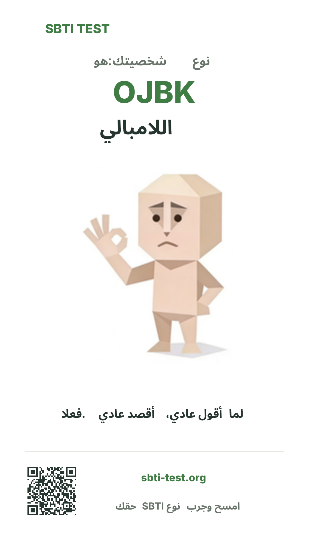 ملصق عمودي لنتيجة SBTI OJBK اللامبالي مع الصورة الرئيسية ومعلومات المشاركة