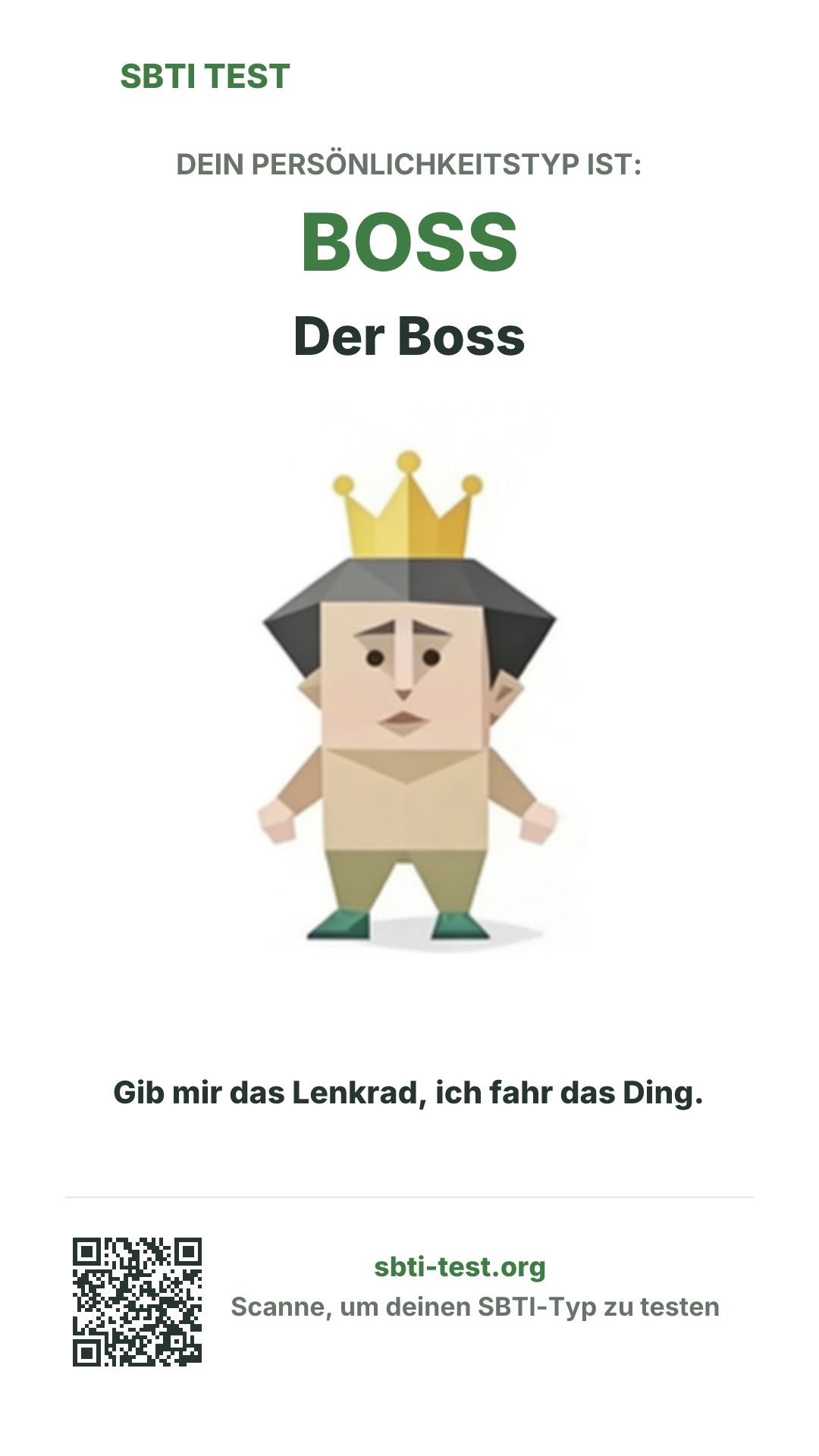 Vertikales SBTI-Poster für BOSS Der Boss, mit Typmotiv und Share-Infos