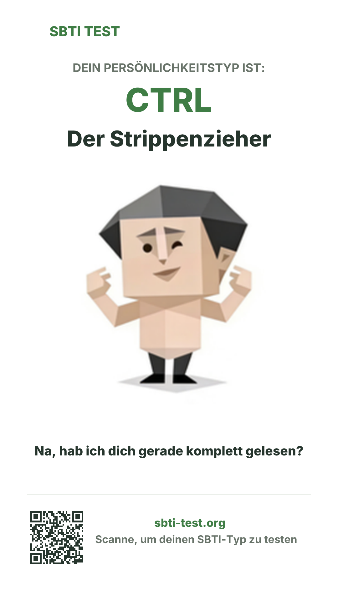 Vertikales SBTI-Poster für CTRL Der Strippenzieher, mit Typmotiv und Share-Infos