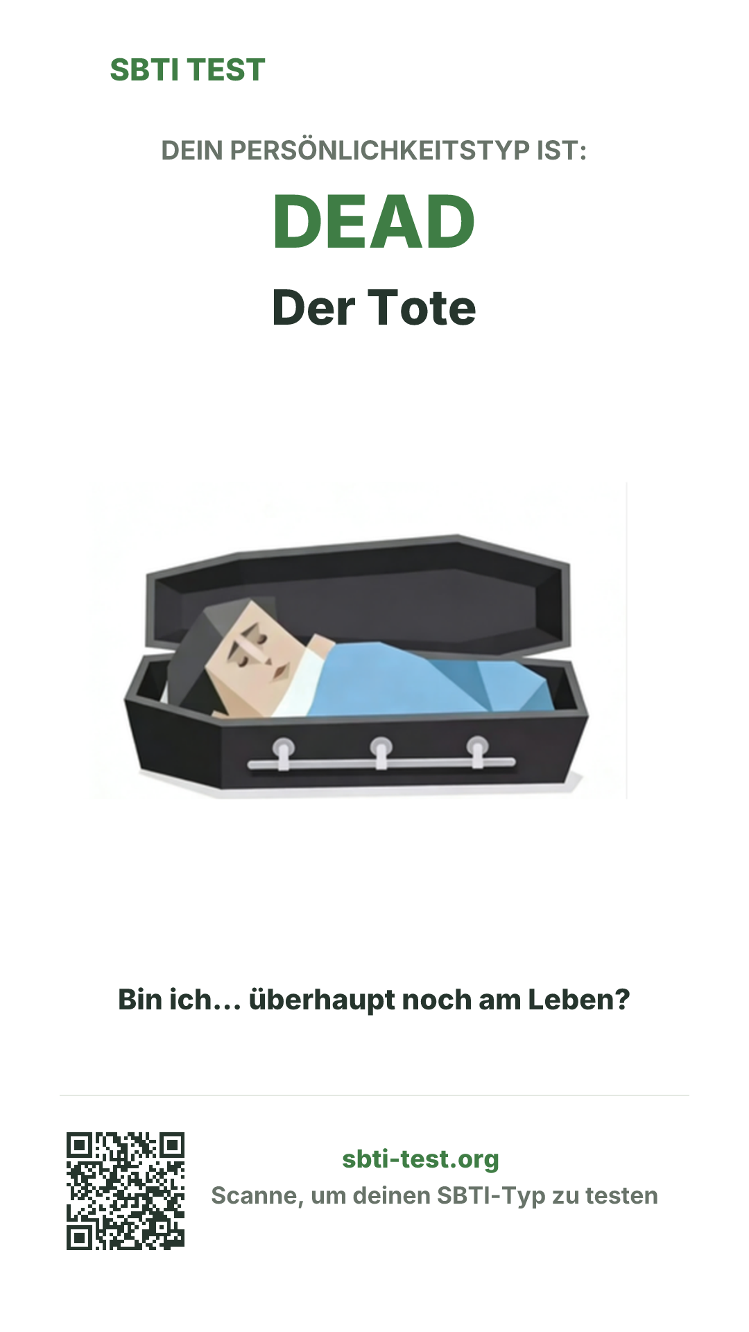 Vertikales SBTI-Poster für DEAD Der Tote, mit Typmotiv und Share-Infos