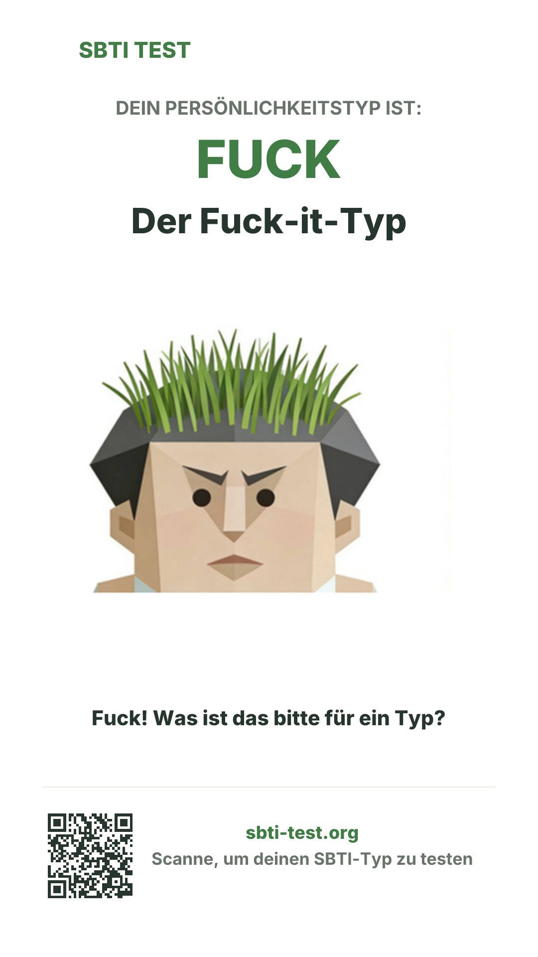 Vertikales SBTI-Poster für FUCK Der Fuck-it-Typ, mit Typmotiv und Share-Infos
