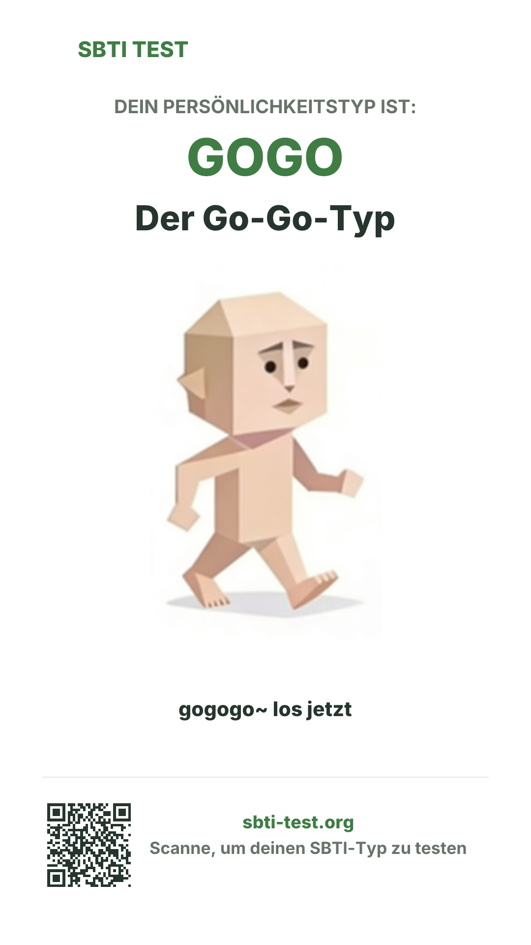 Vertikales SBTI-Poster für GOGO Der Go-Go-Typ, mit Typmotiv und Share-Infos