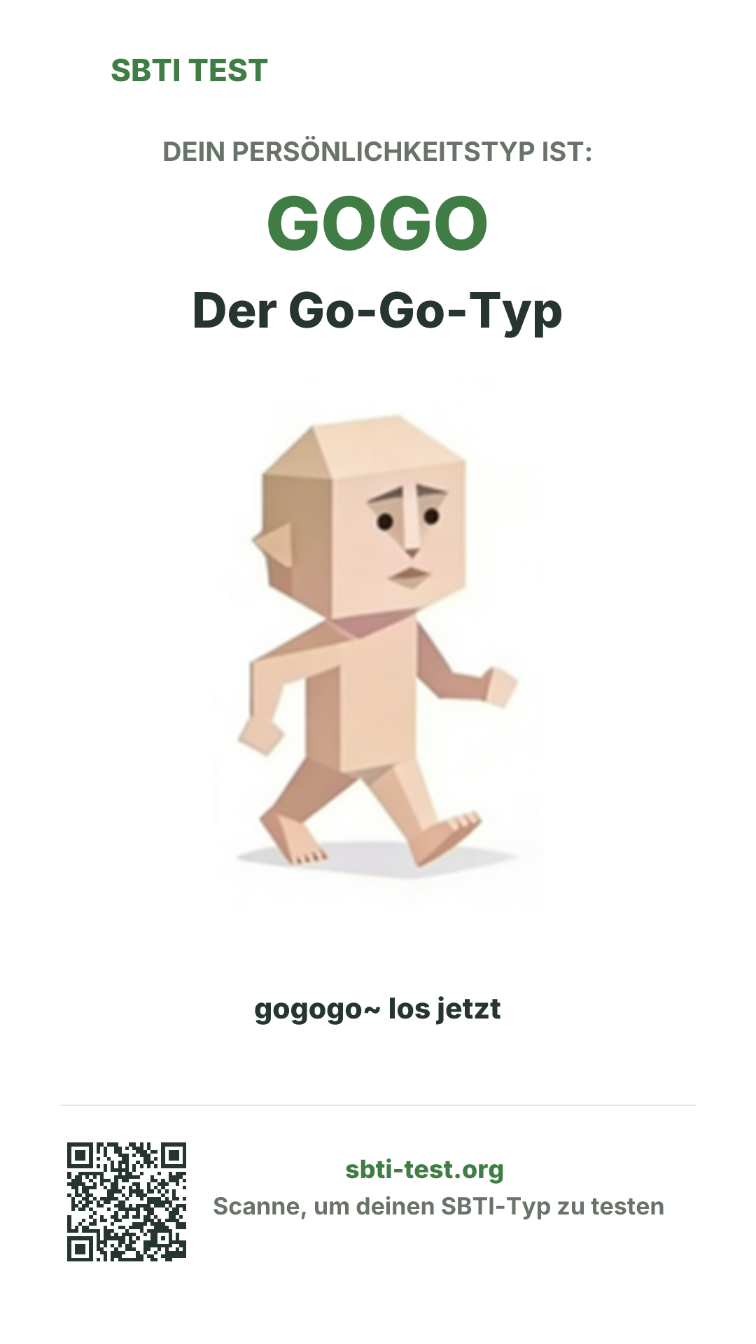 Vertikales SBTI-Poster für GOGO Der Go-Go-Typ, mit Typmotiv und Share-Infos