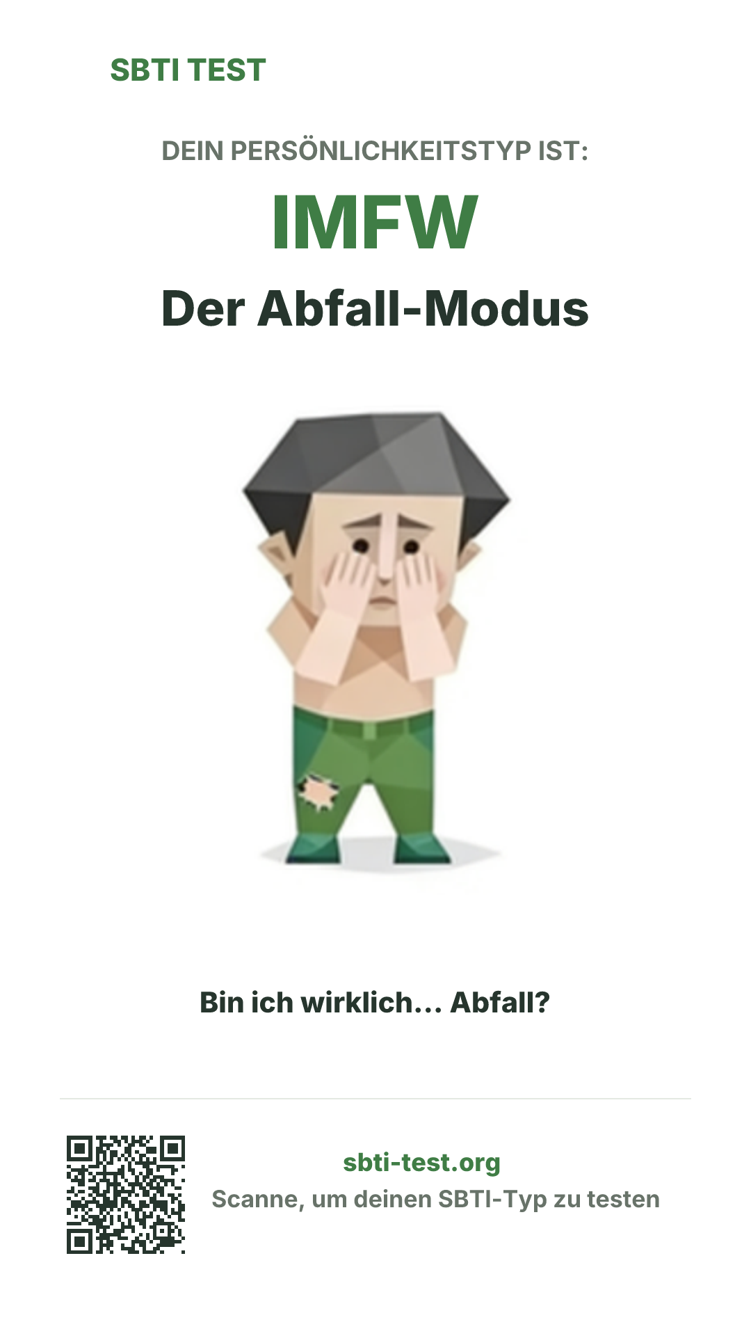 Vertikales SBTI-Poster für IMFW Der Abfall-Modus, mit Typmotiv und Share-Infos