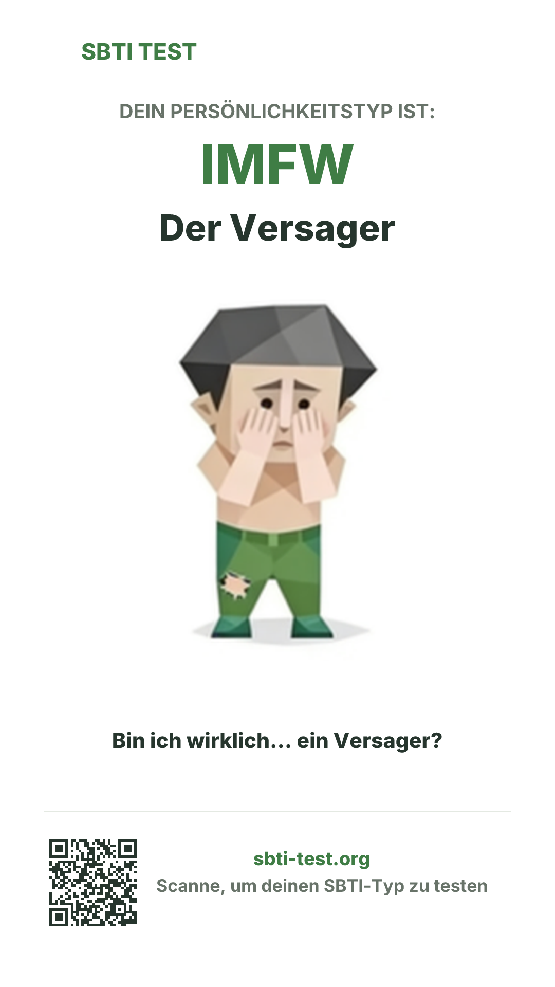 Vertikales SBTI-Poster für IMFW Der Versager, mit Typmotiv und Share-Infos