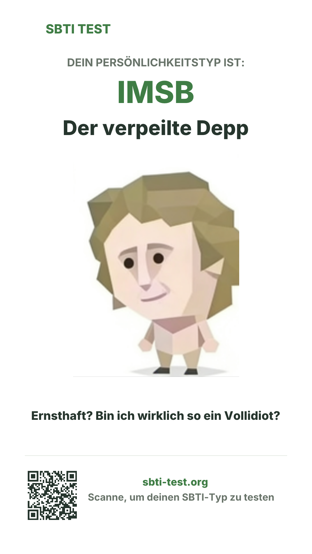 Vertikales SBTI-Poster für IMSB Der verpeilte Depp, mit Typmotiv und Share-Infos