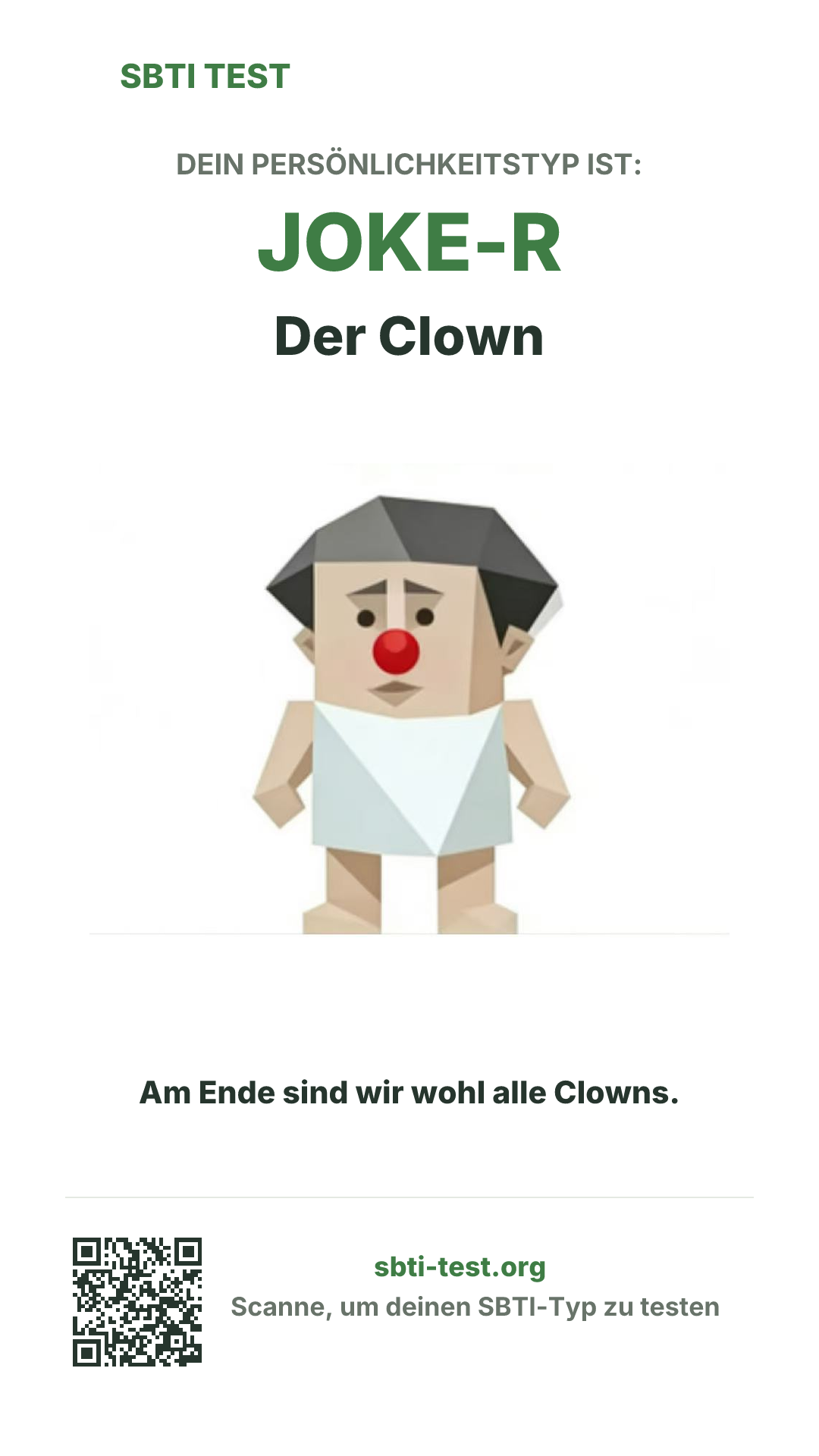 Vertikales SBTI-Poster für JOKE-R Der Clown, mit Typmotiv und Share-Infos