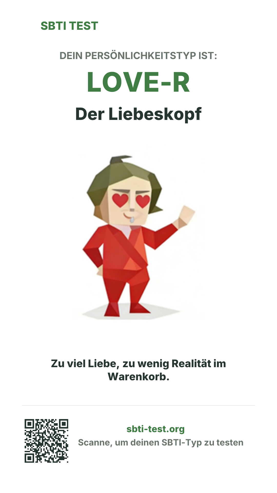 Vertikales SBTI-Poster für LOVE-R Der Liebeskopf, mit Typmotiv und Share-Infos