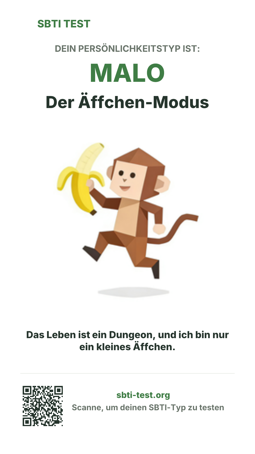 Vertikales SBTI-Poster für MALO Der Äffchen-Modus, mit Typmotiv und Share-Infos
