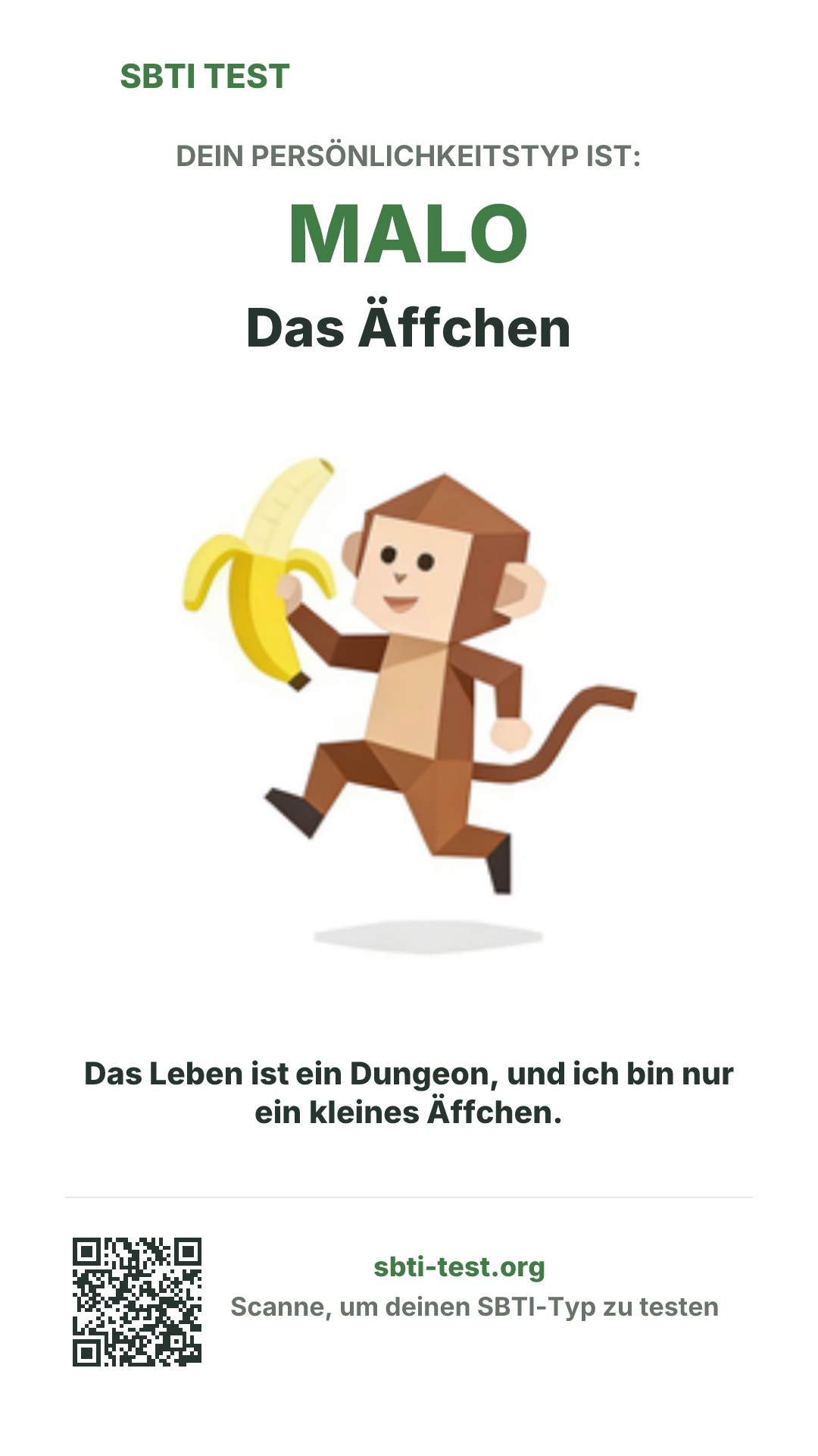 Vertikales SBTI-Poster für MALO Das Äffchen, mit Typmotiv und Share-Infos