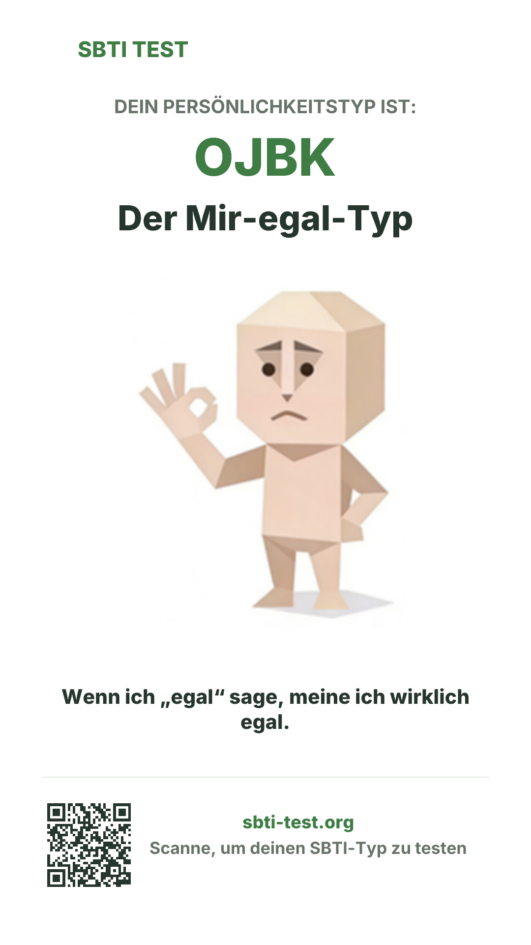 Vertikales SBTI-Poster für OJBK Der Mir-egal-Typ, mit Typmotiv und Share-Infos