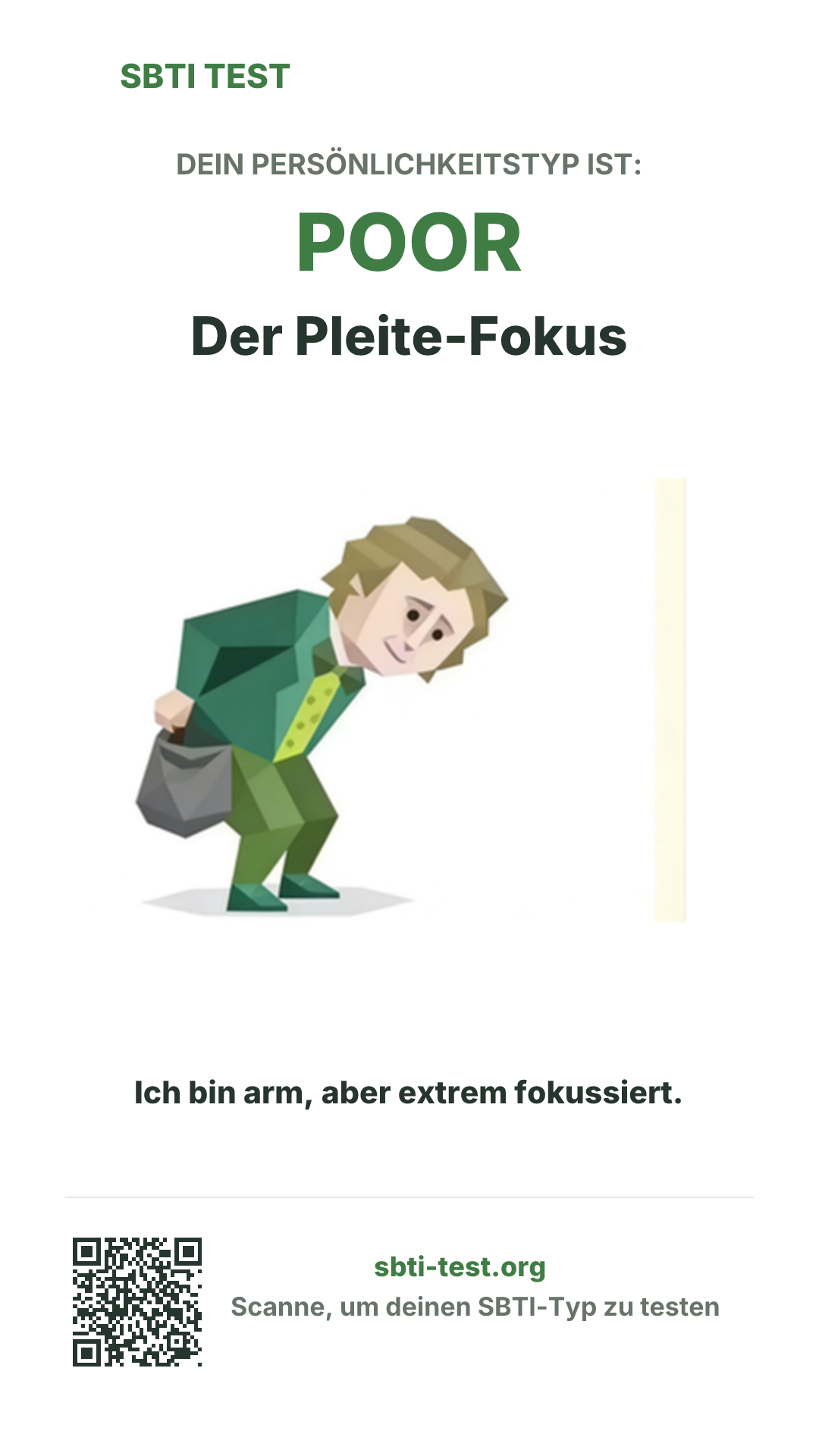 Vertikales SBTI-Poster für POOR Der Pleite-Fokus, mit Typmotiv und Share-Infos