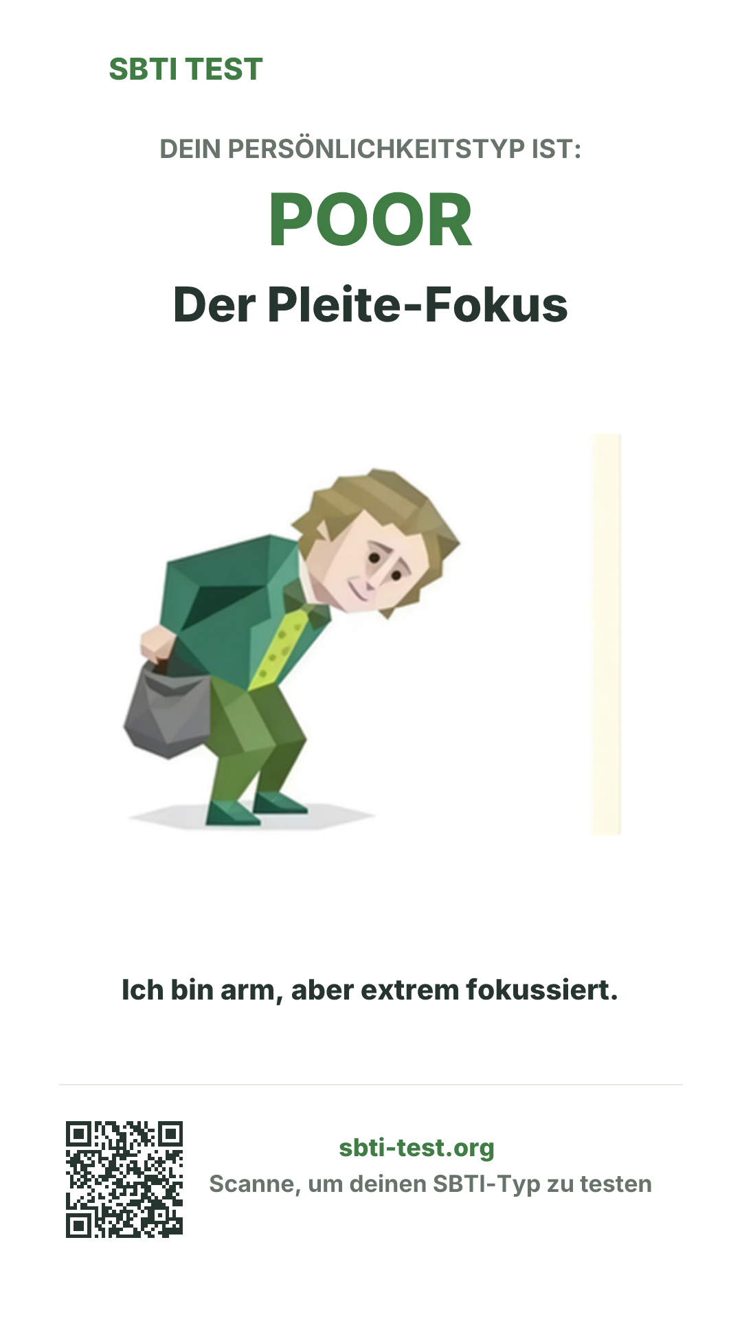 Vertikales SBTI-Poster für POOR Der Pleite-Fokus, mit Typmotiv und Share-Infos