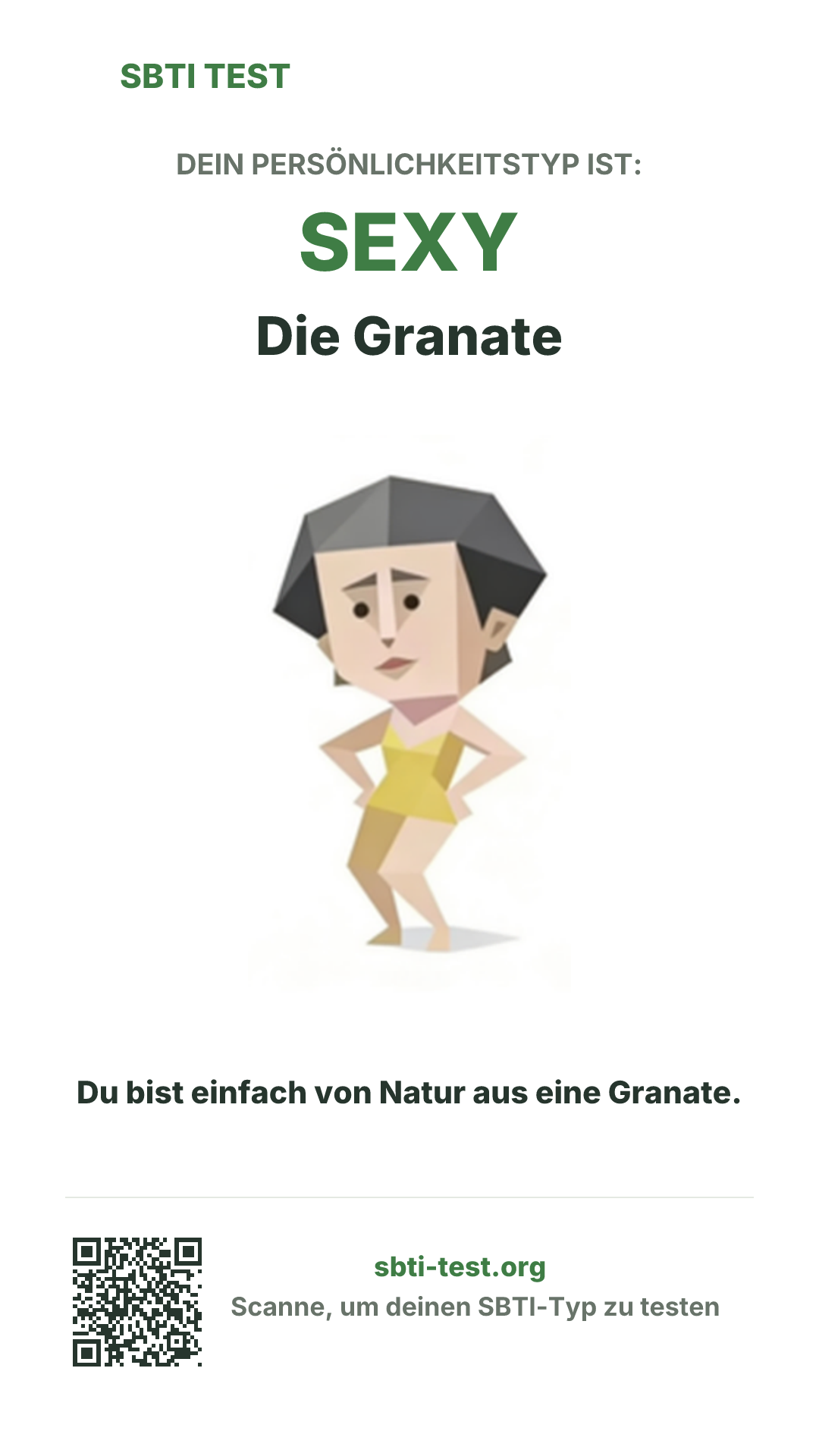 Vertikales SBTI-Poster für SEXY Die Granate, mit Typmotiv und Share-Infos