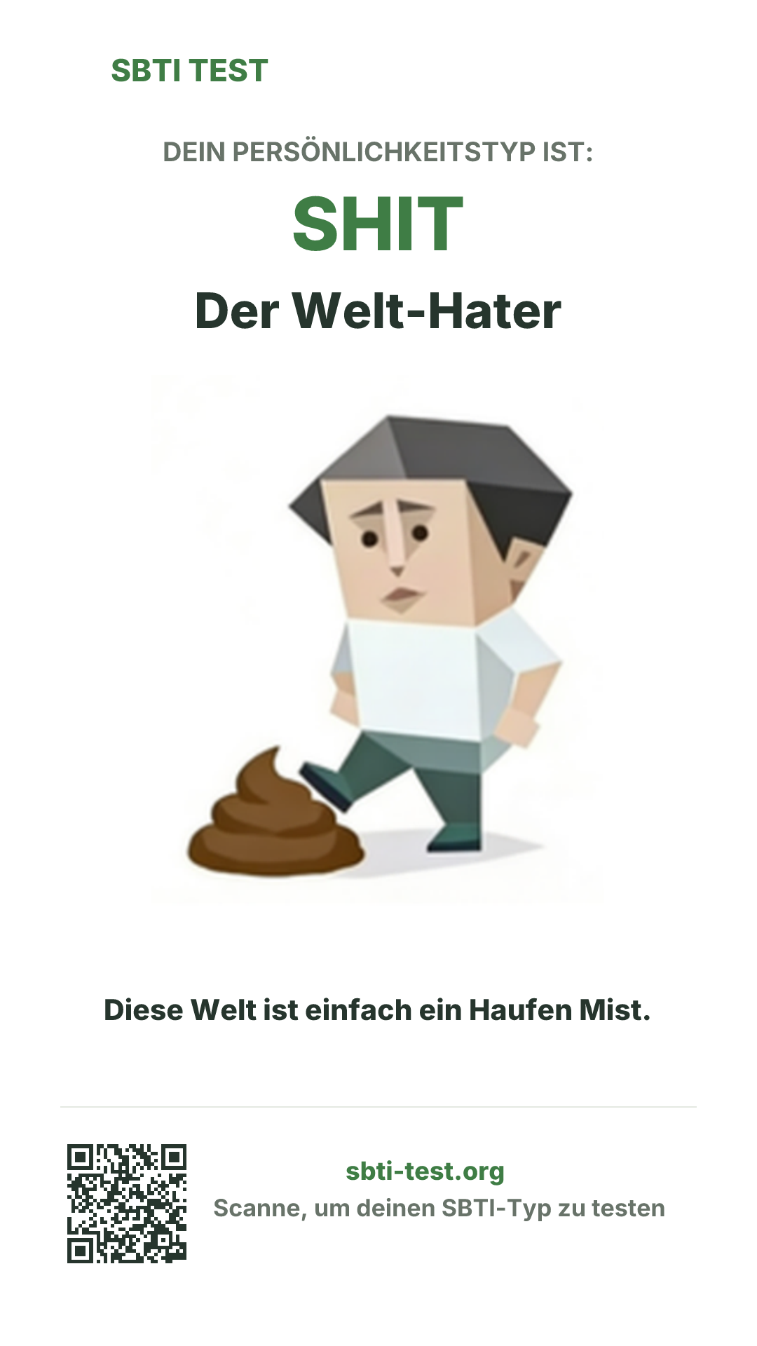 Vertikales SBTI-Poster für SHIT Der Welt-Hater, mit Typmotiv und Share-Infos