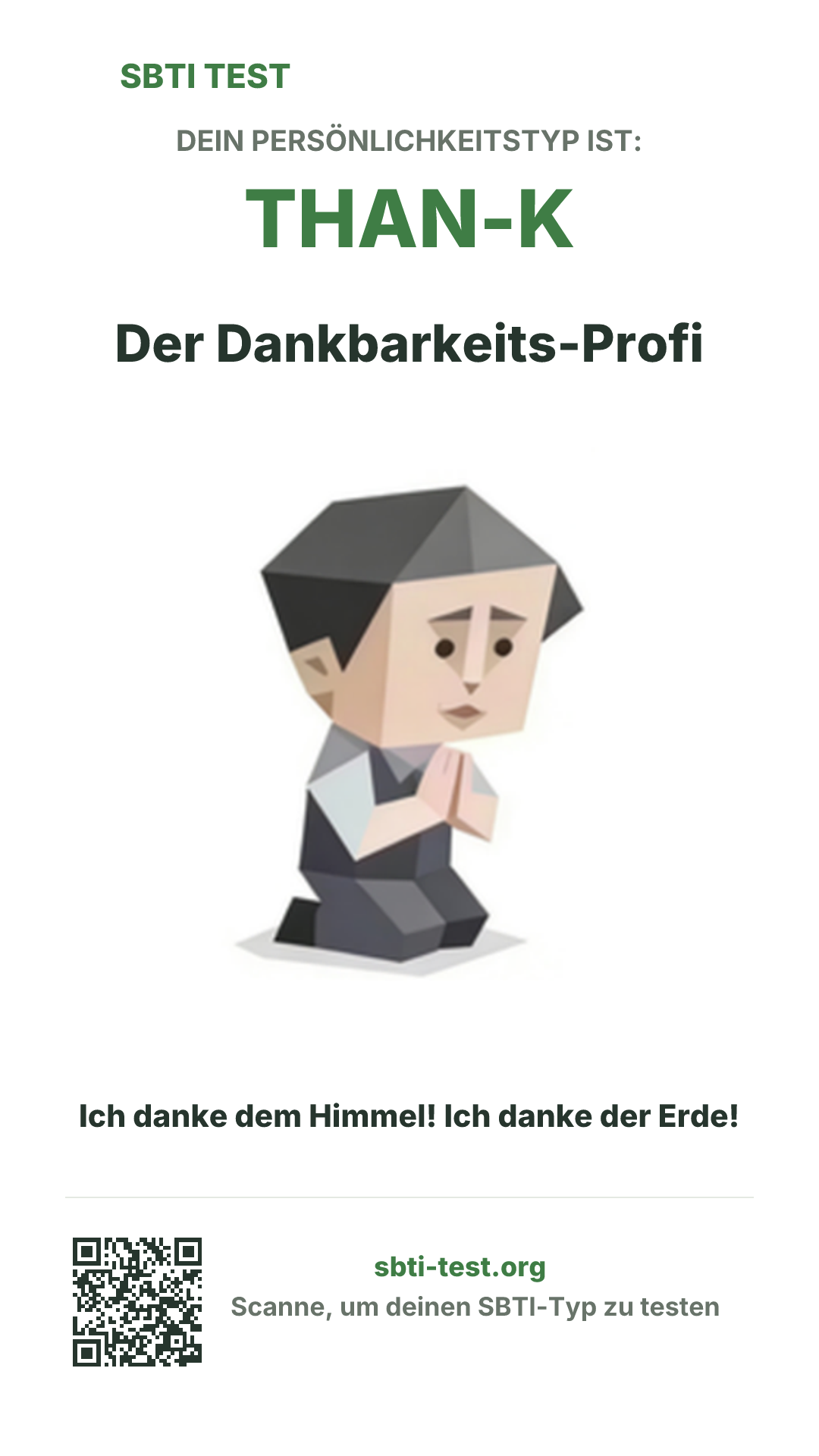 Vertikales SBTI-Poster für THAN-K Der Dankbarkeits-Profi, mit Typmotiv und Share-Infos