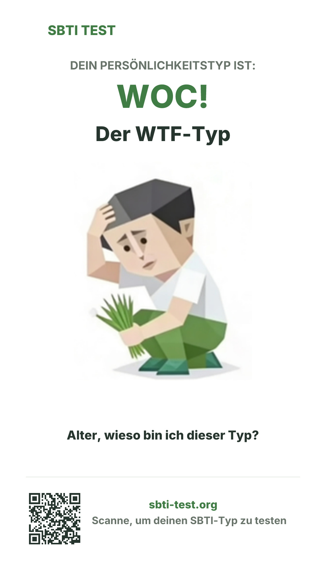 Vertikales SBTI-Poster für WOC! Der WTF-Typ, mit Typmotiv und Share-Infos