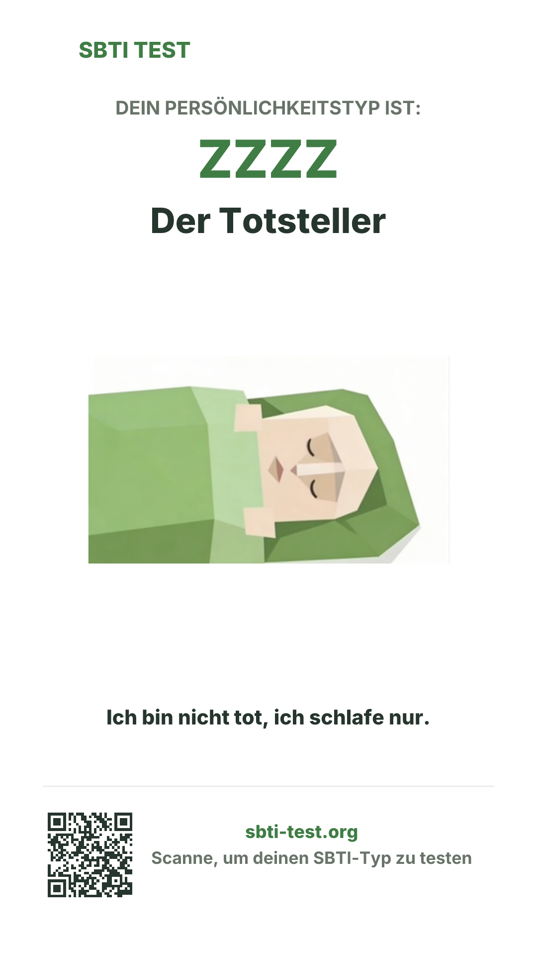 Vertikales SBTI-Poster für ZZZZ Der Totsteller, mit Typmotiv und Share-Infos