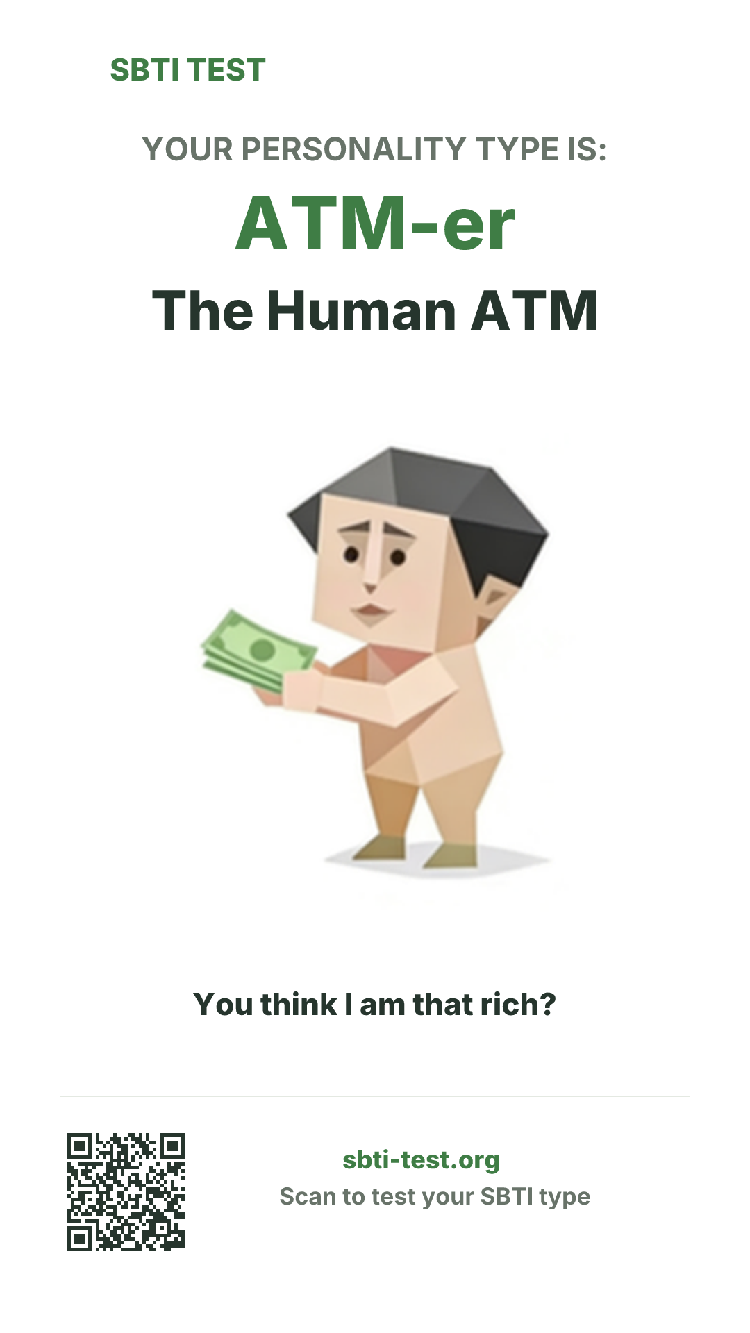 Vertical SBTI poster for ATM-er The Human ATM, showing the type artwork and share details