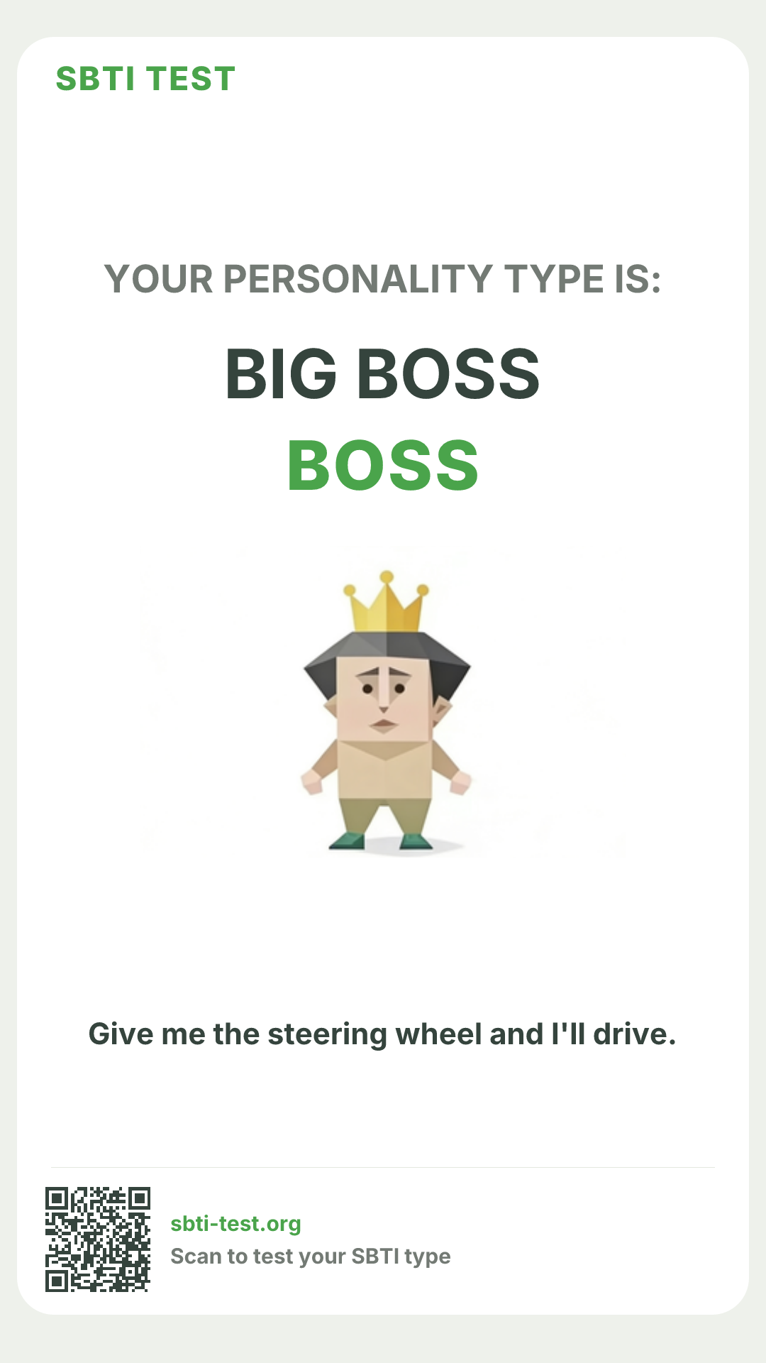 Affiche verticale SBTI pour BOSS Mode patron, avec le visuel du type et les infos de partage