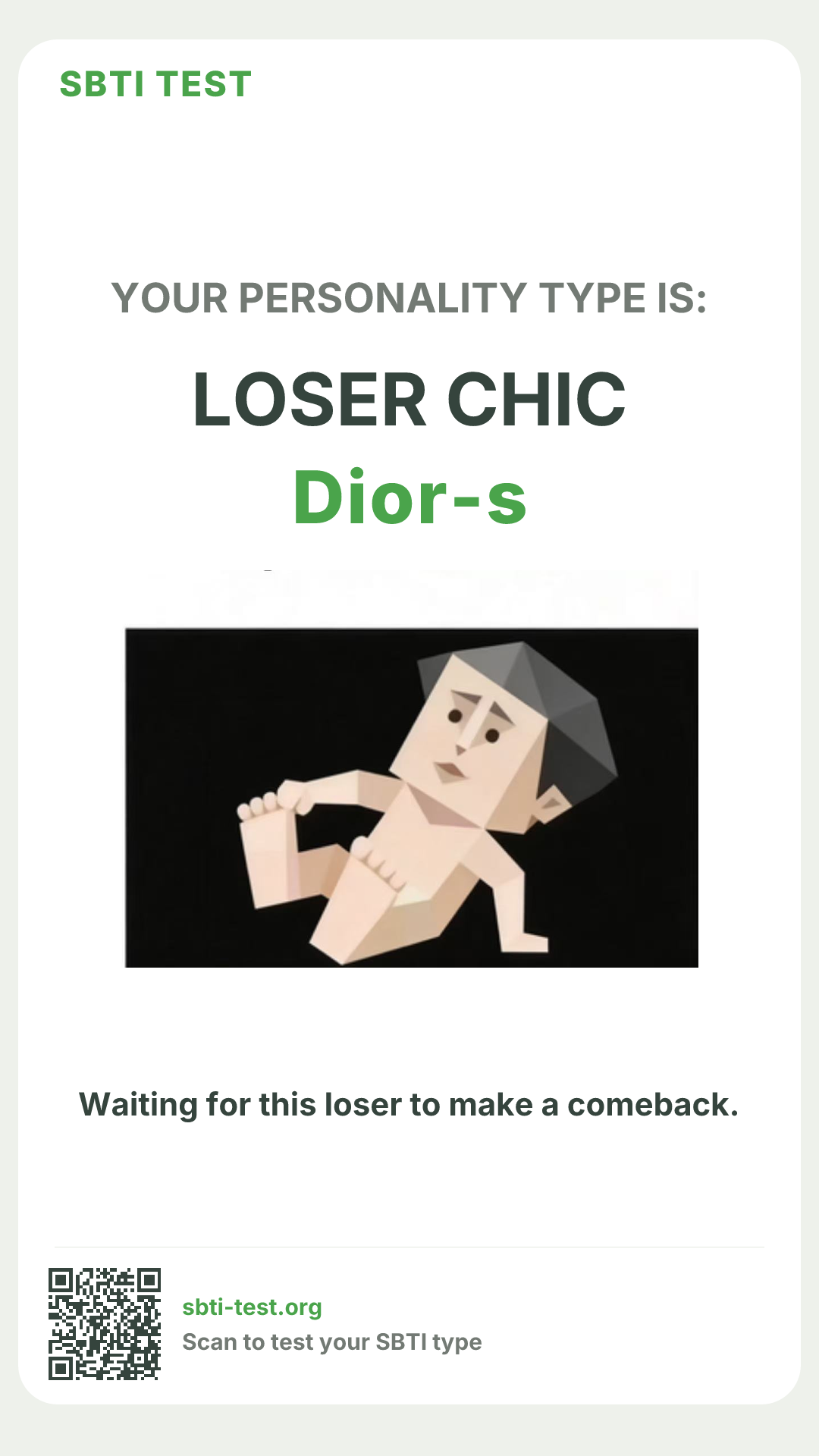 Affiche verticale SBTI pour Dior-s Réaliste en tonneau, avec le visuel du type et les infos de partage