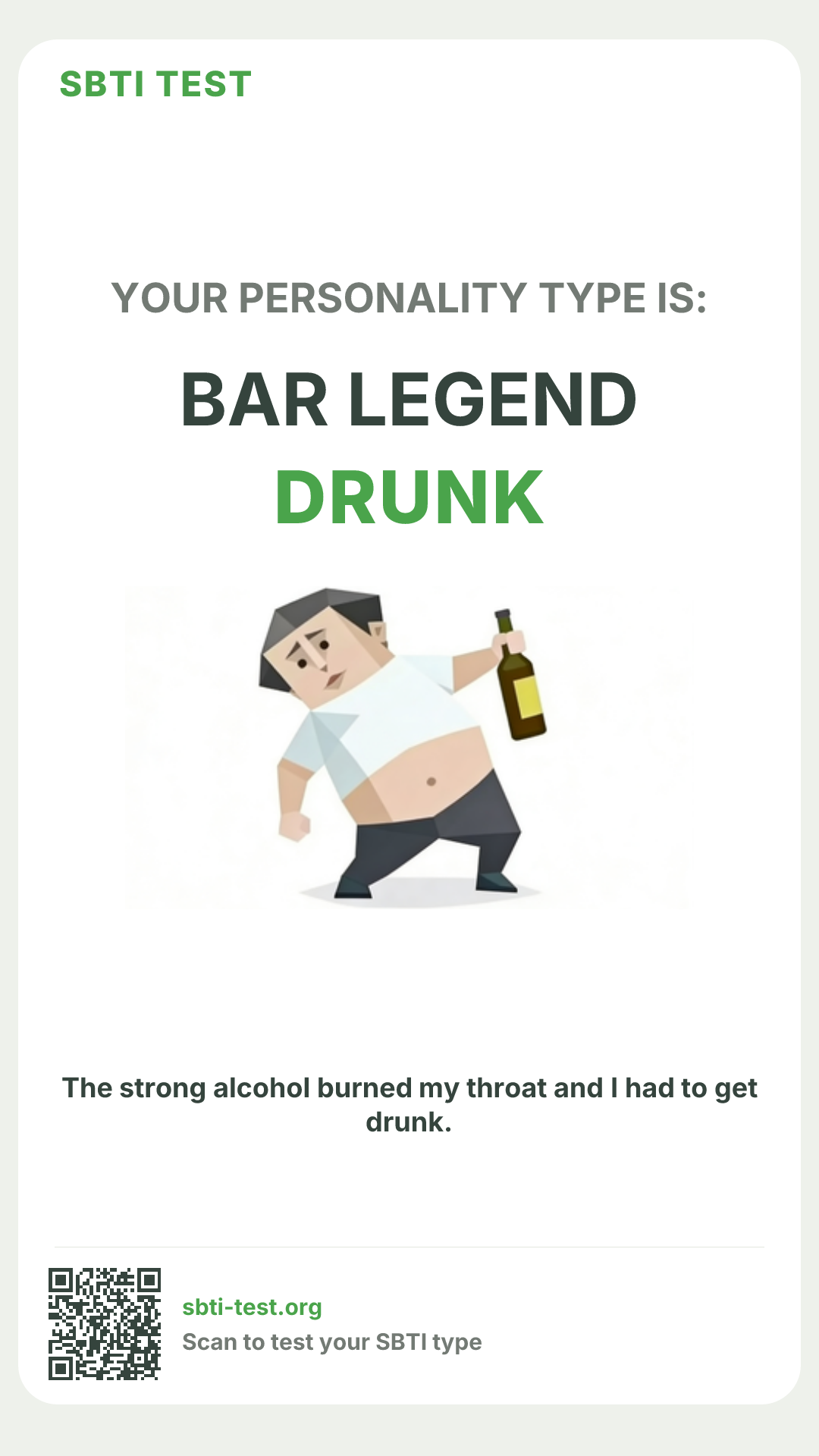 Affiche verticale SBTI pour DRUNK Âme de comptoir, avec le visuel du type et les infos de partage