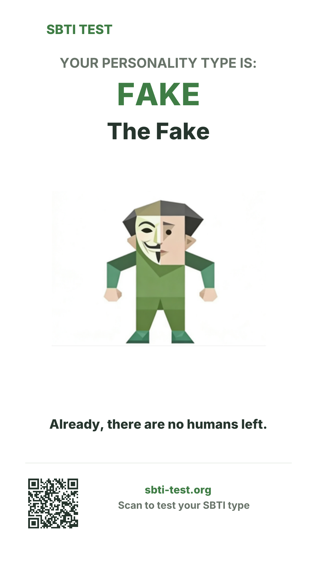 Vertical SBTI poster for FAKE The Fake, showing the type artwork and share details