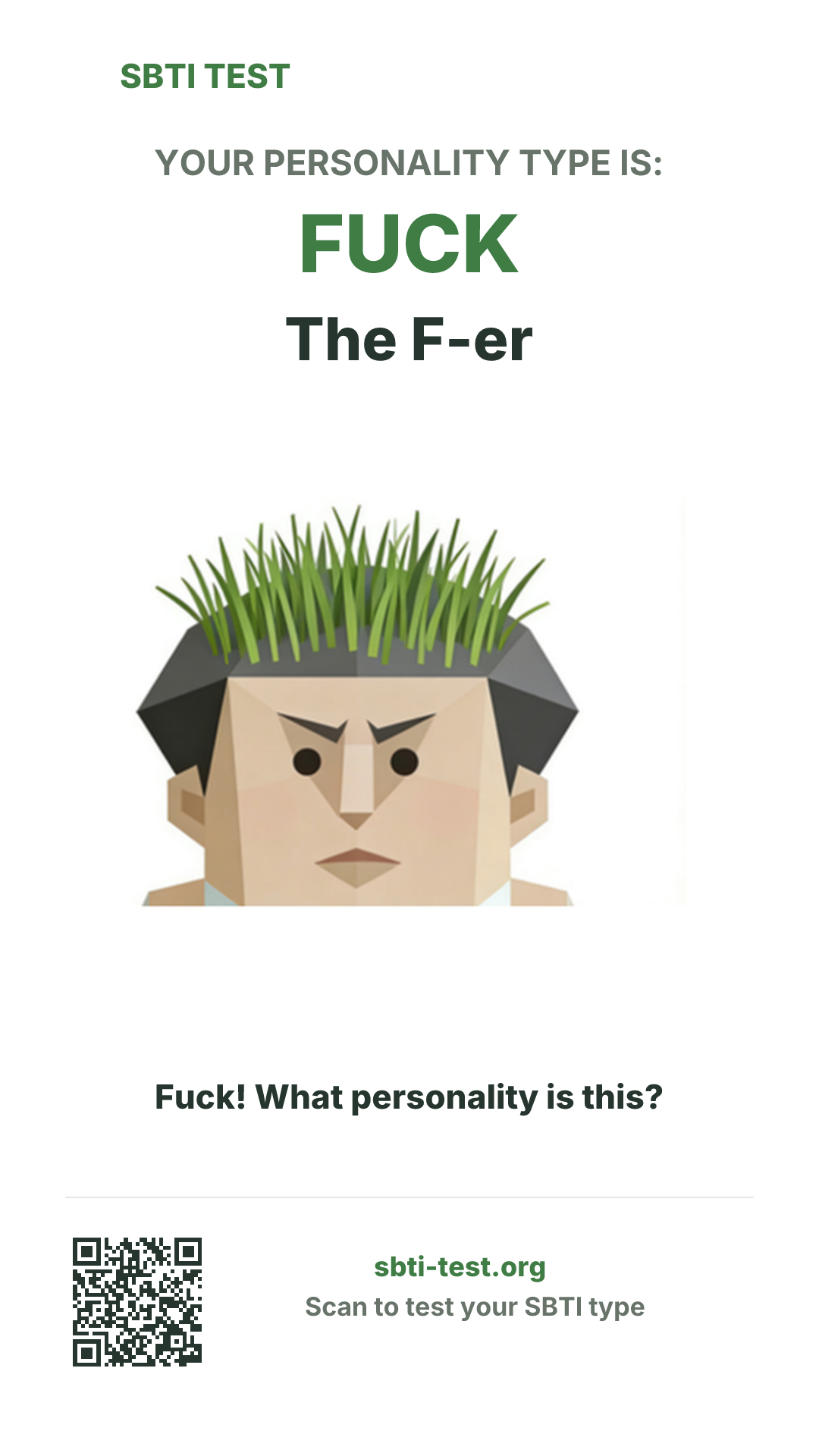 Vertical SBTI poster for FUCK The F-er, showing the type artwork and share details