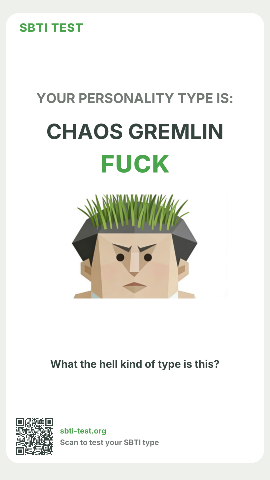 Affiche verticale SBTI pour FUCK Herbe sauvage, avec le visuel du type et les infos de partage