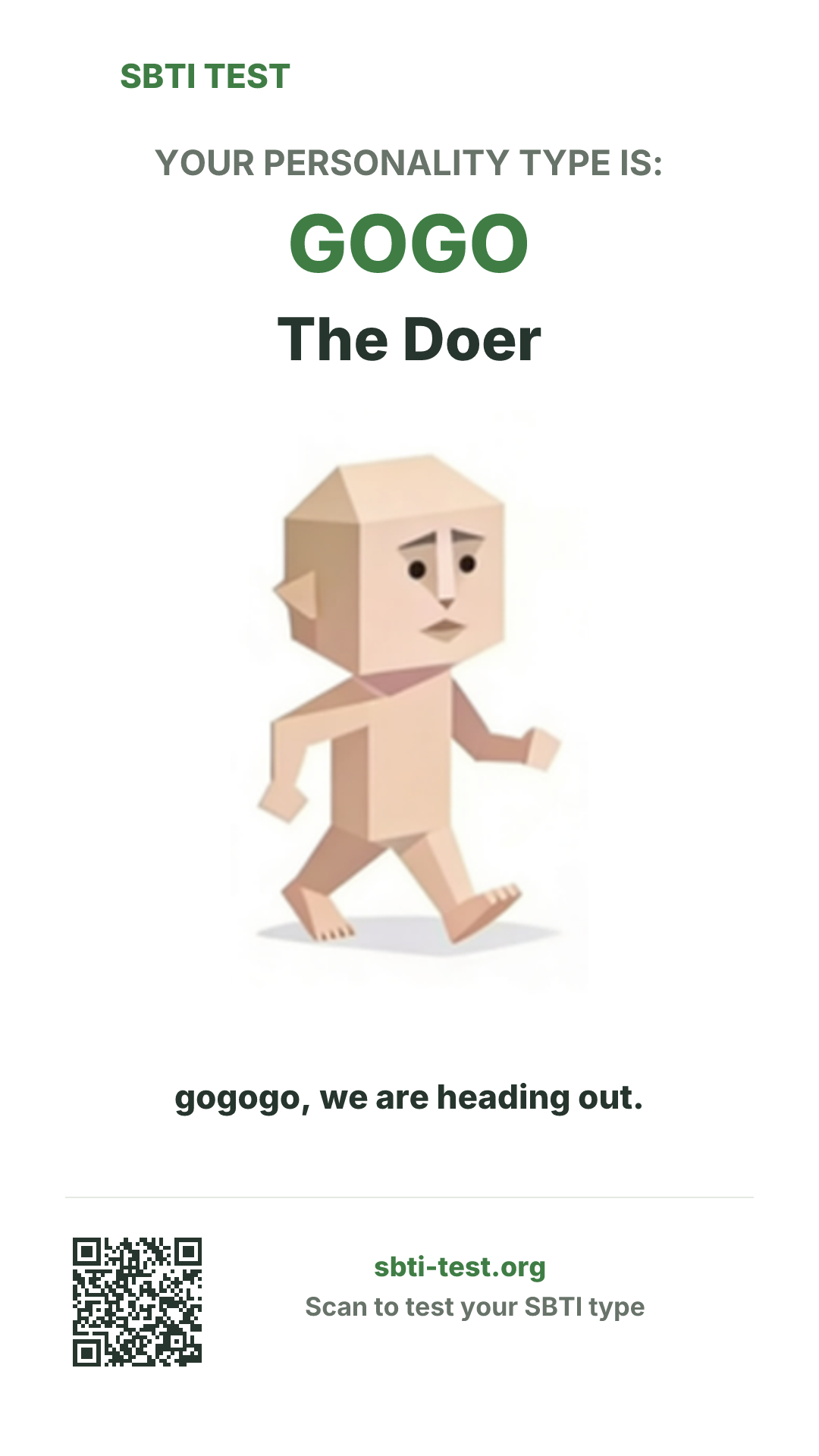Vertical SBTI poster for GOGO The Doer, showing the type artwork and share details