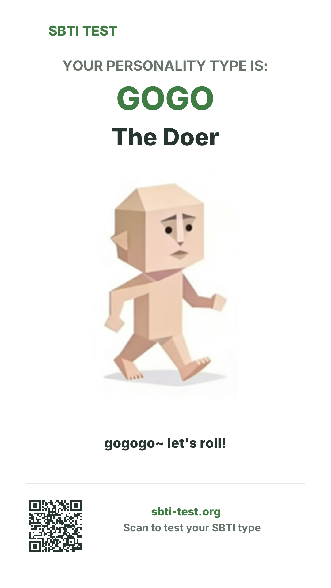 Vertical SBTI poster for GOGO The Doer, showing the type artwork and share details