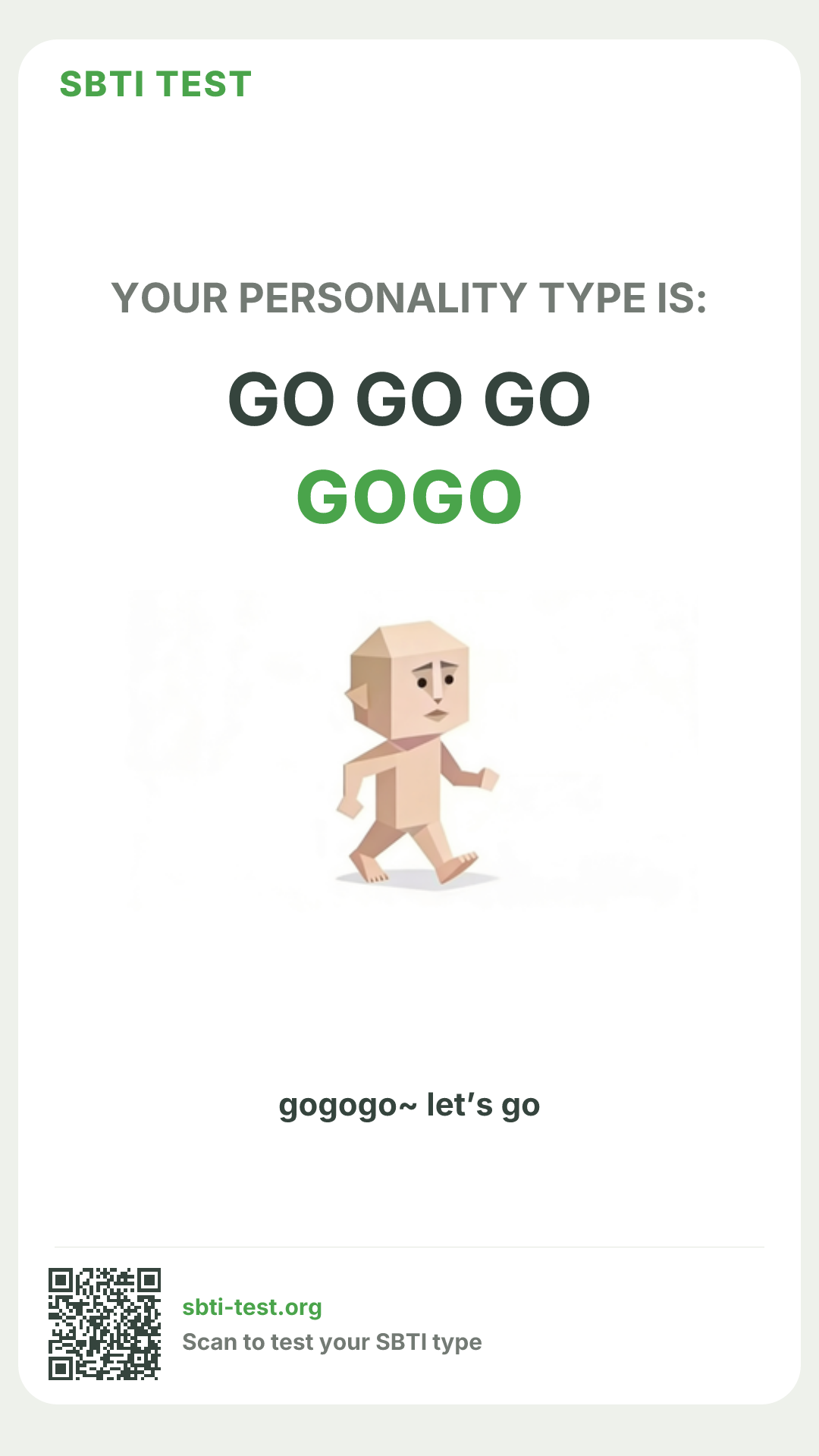 Affiche verticale SBTI pour GOGO Mode d'action, avec le visuel du type et les infos de partage