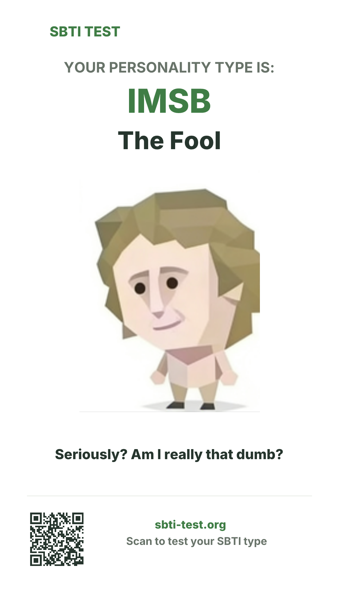 Vertical SBTI poster for IMSB The Fool, showing the type artwork and share details