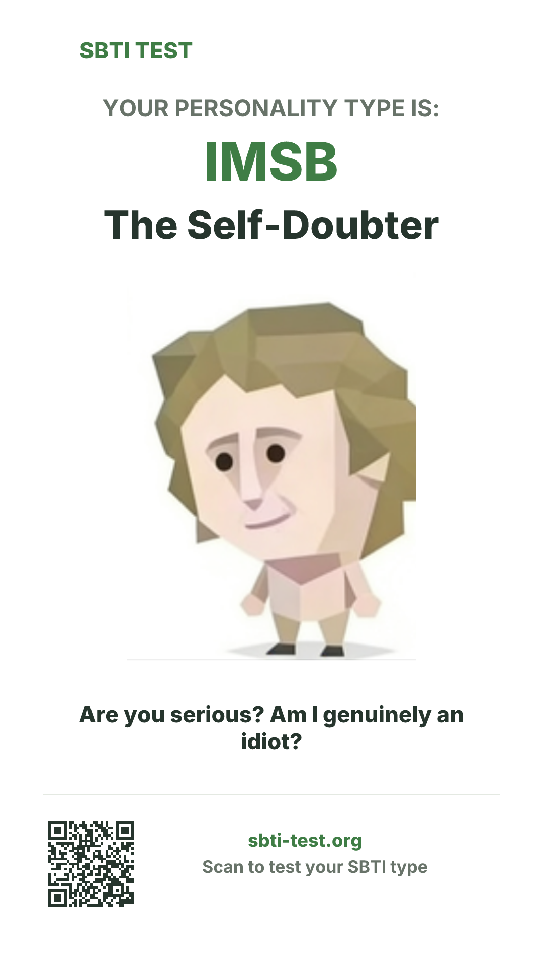 Vertical SBTI poster for IMSB The Self-Doubter, showing the type artwork and share details