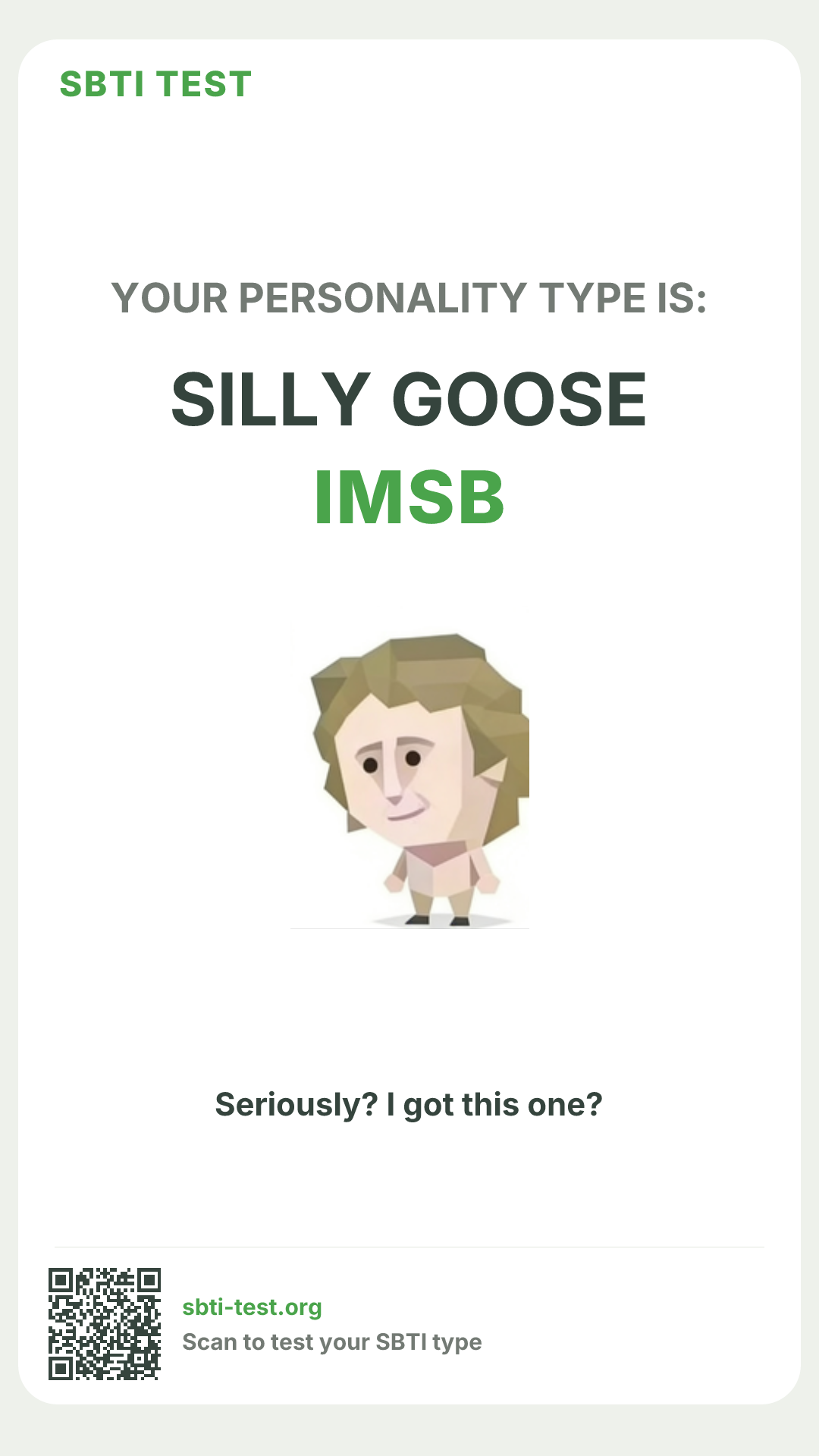 Affiche verticale SBTI pour IMSB Éternel douteur, avec le visuel du type et les infos de partage