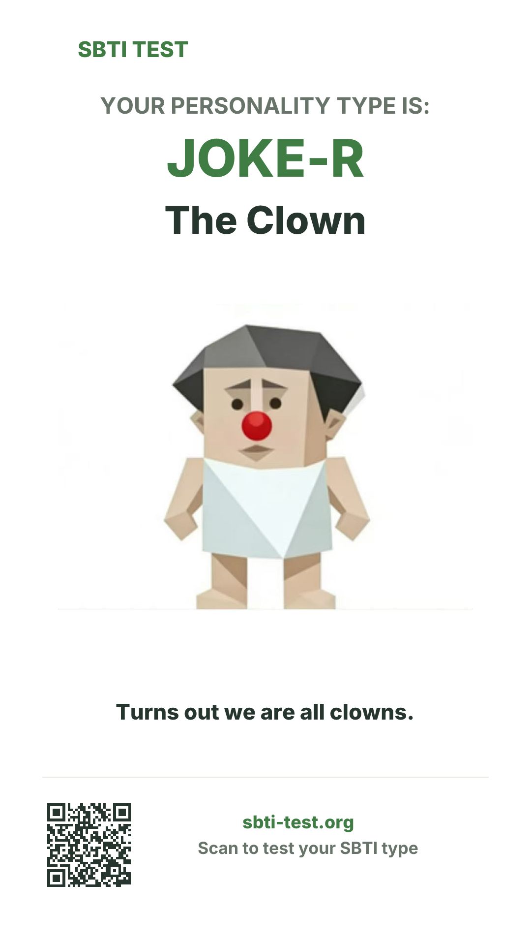 Vertical SBTI poster for JOKE-R The Clown, showing the type artwork and share details