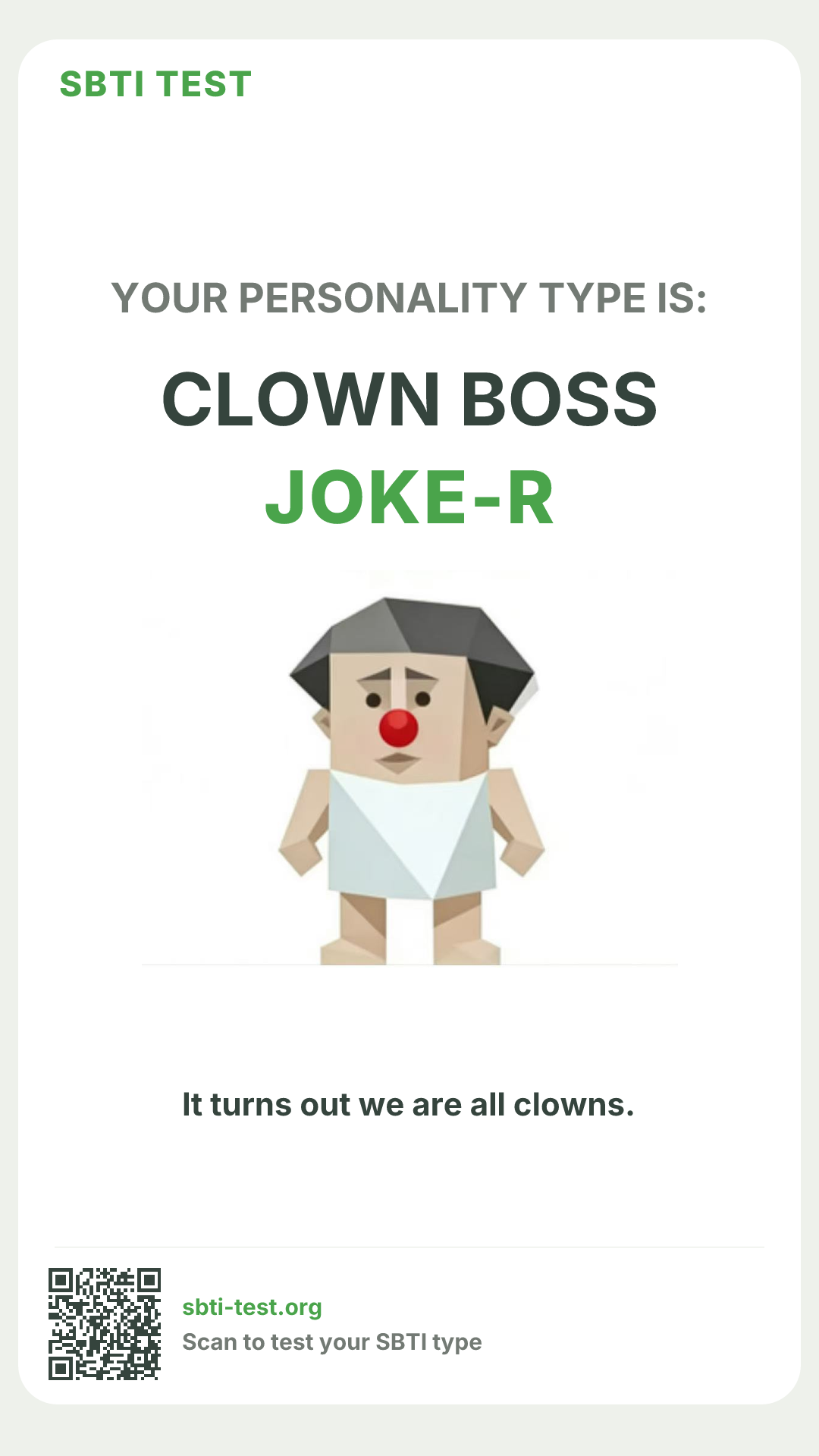 Affiche verticale SBTI pour JOKE-R Roi des vannes, avec le visuel du type et les infos de partage