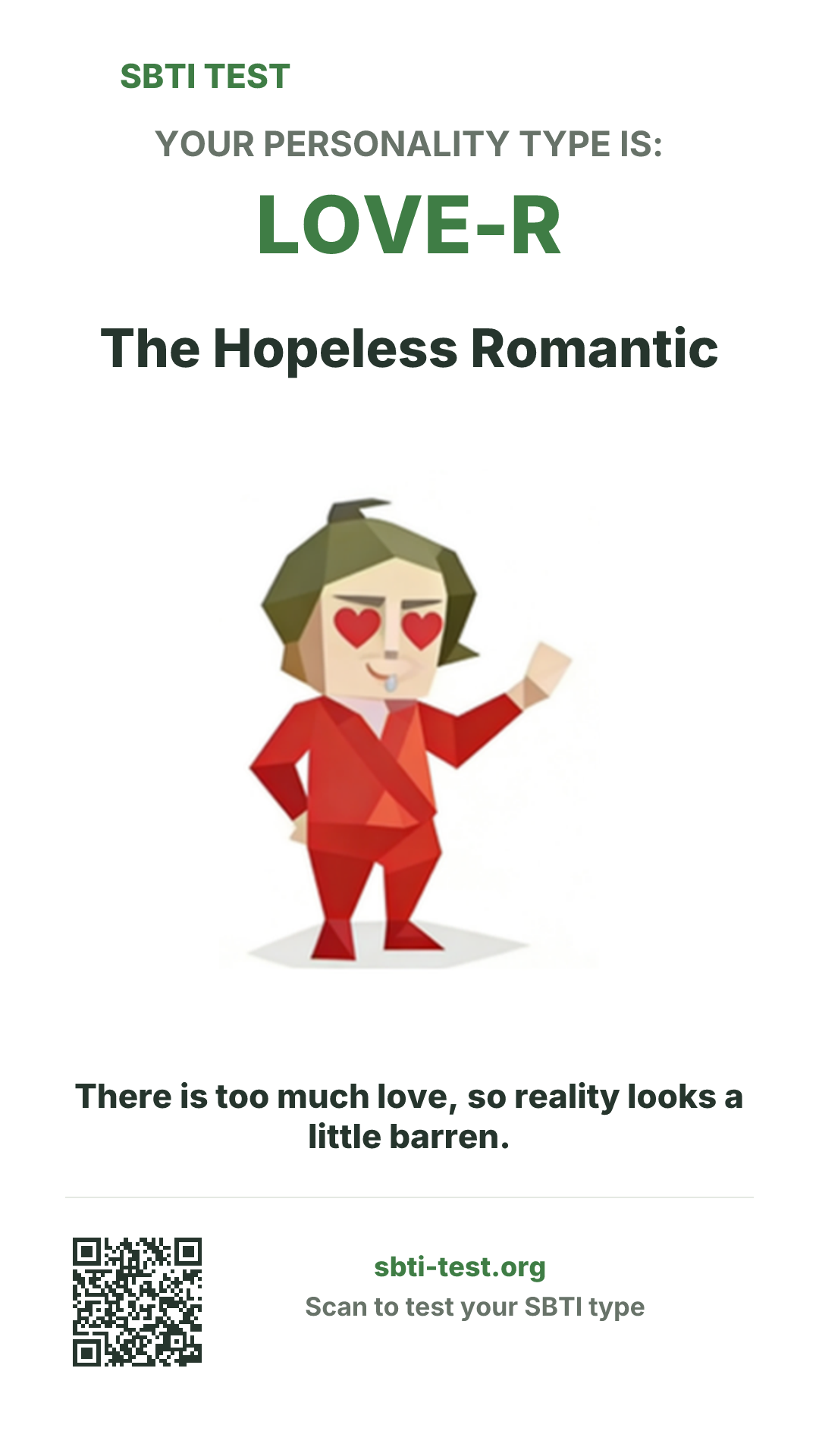 Vertical SBTI poster for LOVE-R The Hopeless Romantic, showing the type artwork and share details