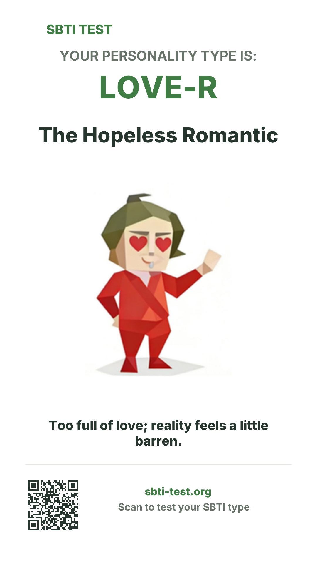 Vertical SBTI poster for LOVE-R The Hopeless Romantic, showing the type artwork and share details