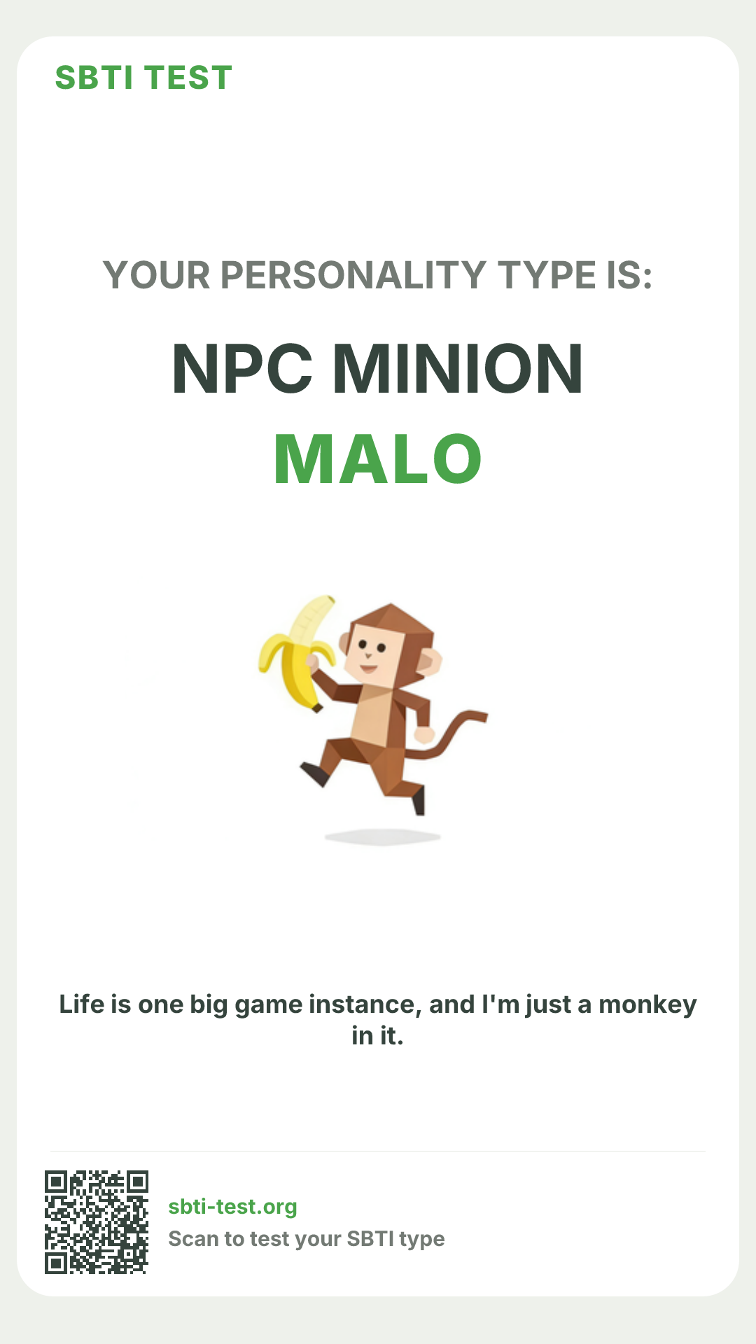 Affiche verticale SBTI pour MALO Petit singe, avec le visuel du type et les infos de partage