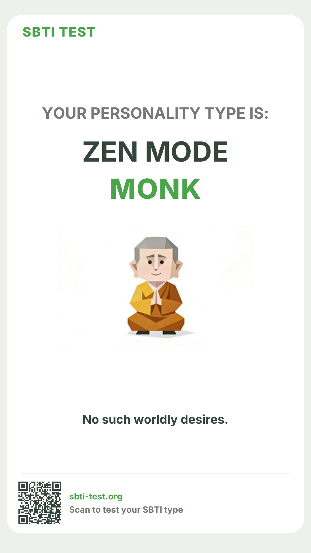 Affiche verticale SBTI pour MONK Ascétique, avec le visuel du type et les infos de partage