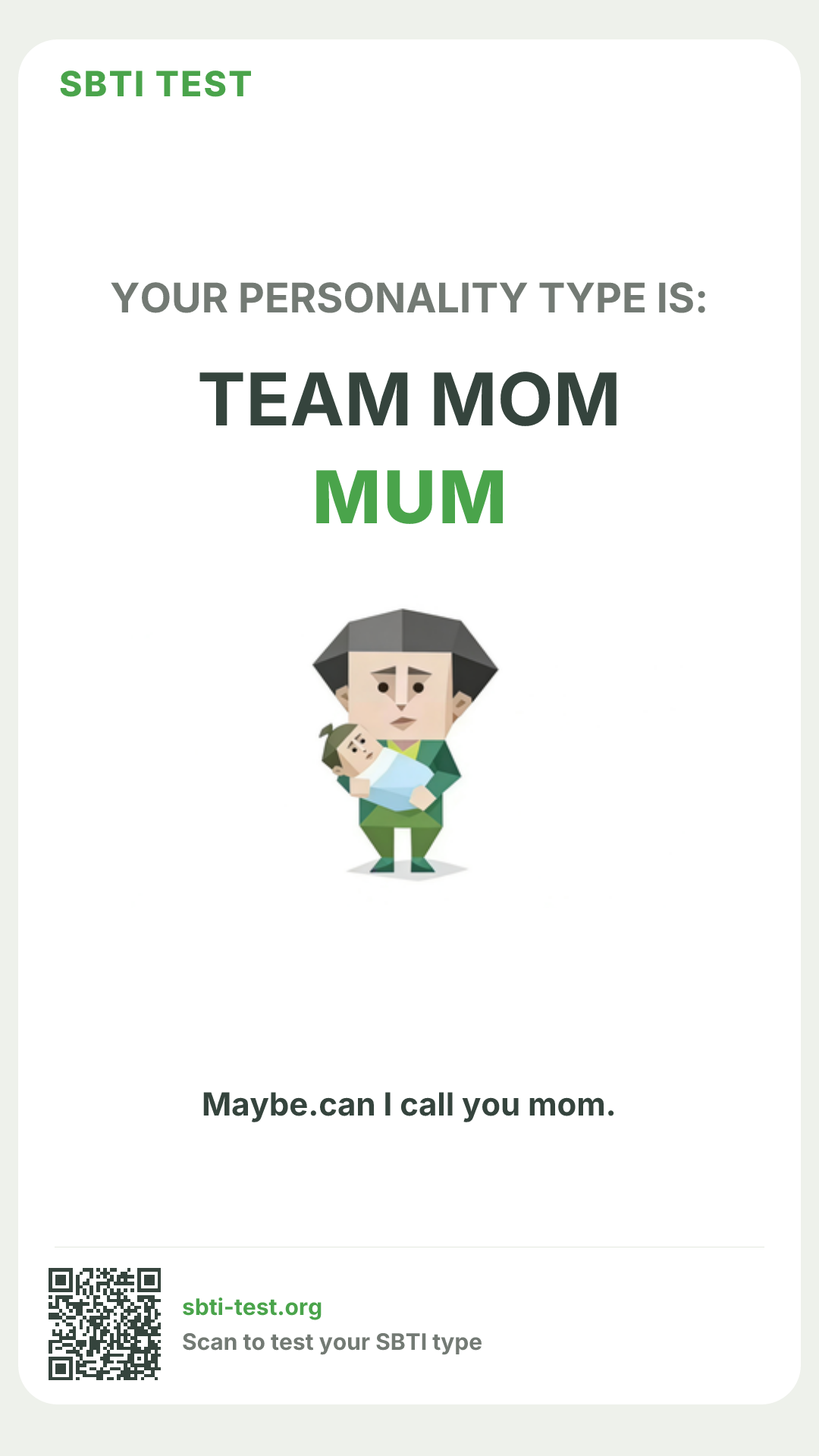 Affiche verticale SBTI pour MUM Maman du groupe, avec le visuel du type et les infos de partage