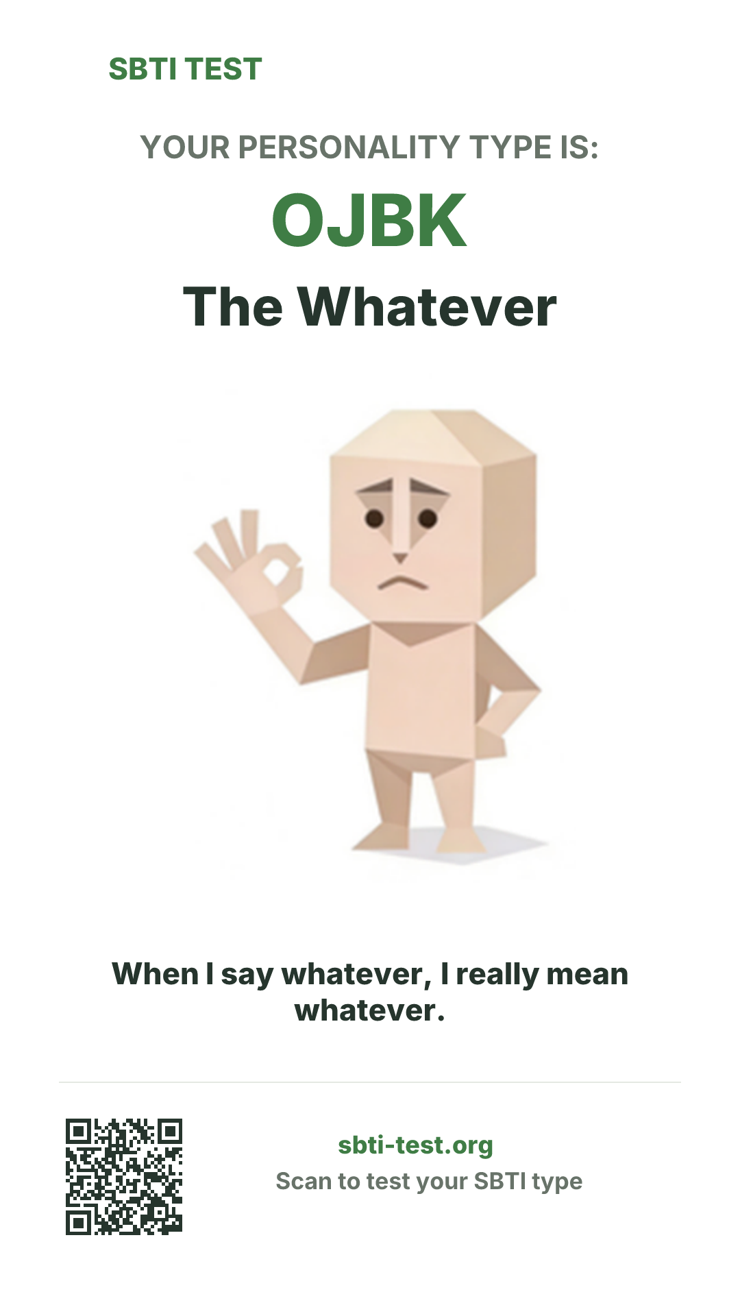 Vertical SBTI poster for OJBK The Whatever, showing the type artwork and share details