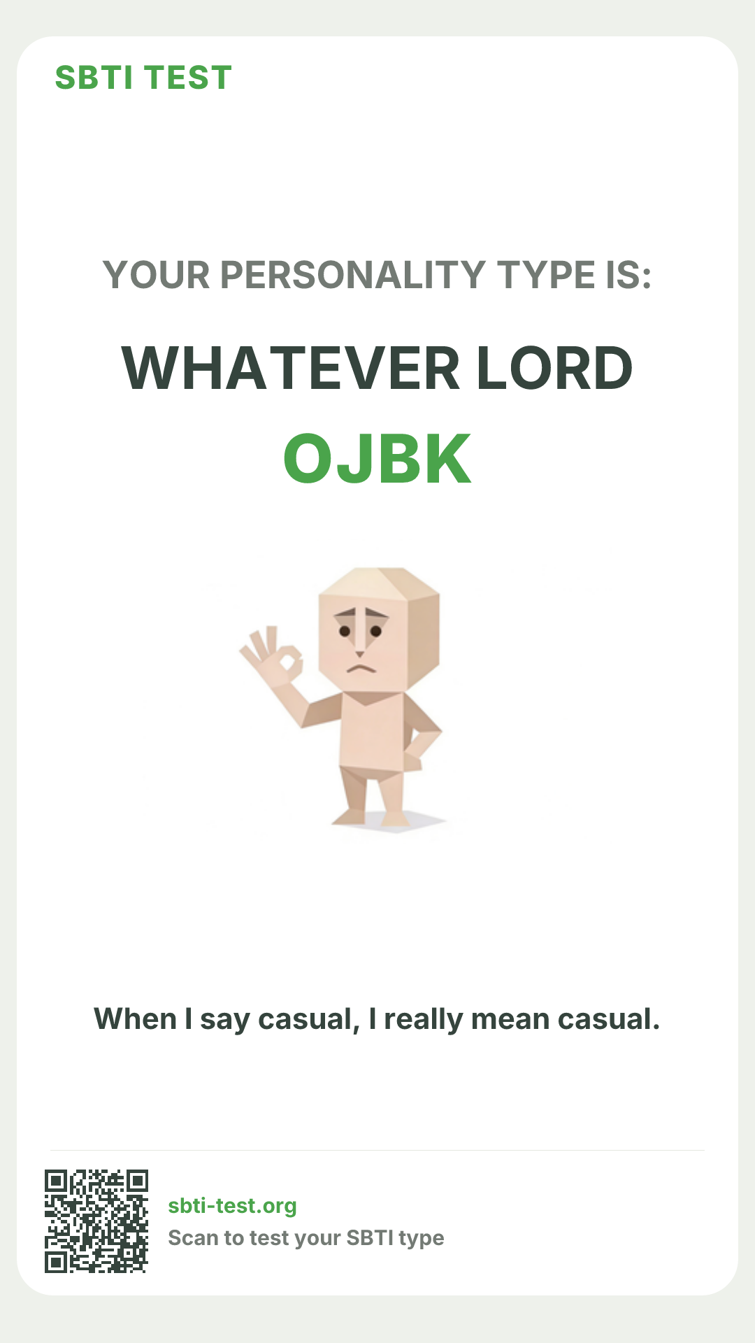 Affiche verticale SBTI pour OJBK OJBK, avec le visuel du type et les infos de partage