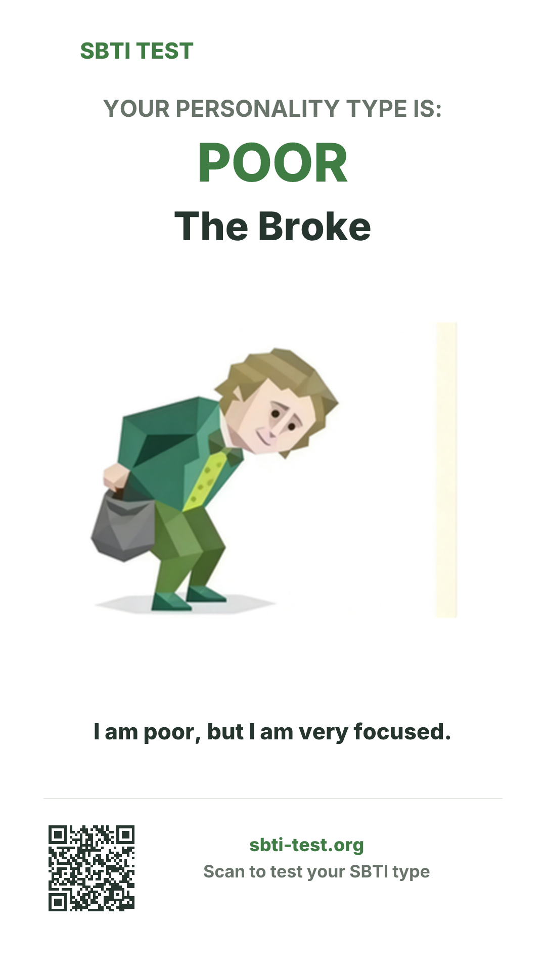 Vertical SBTI poster for POOR The Broke, showing the type artwork and share details