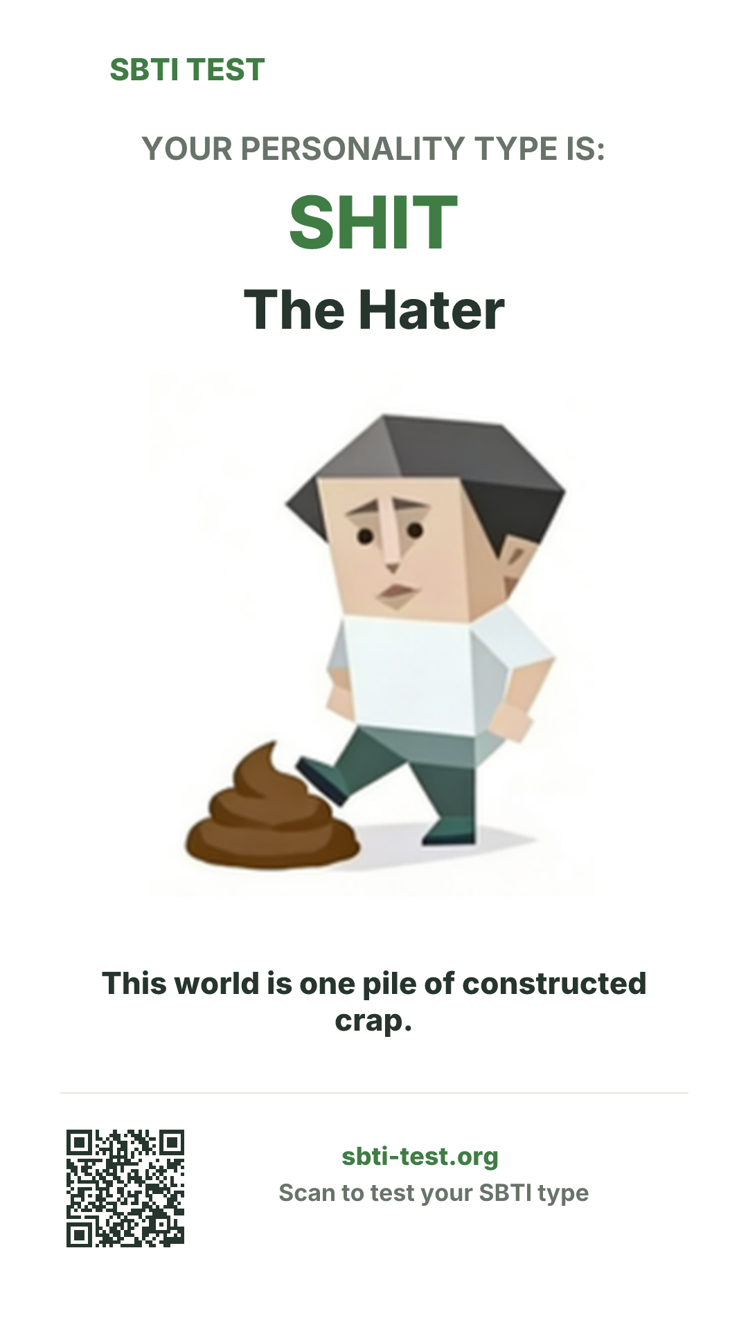 Vertical SBTI poster for SHIT The Hater, showing the type artwork and share details