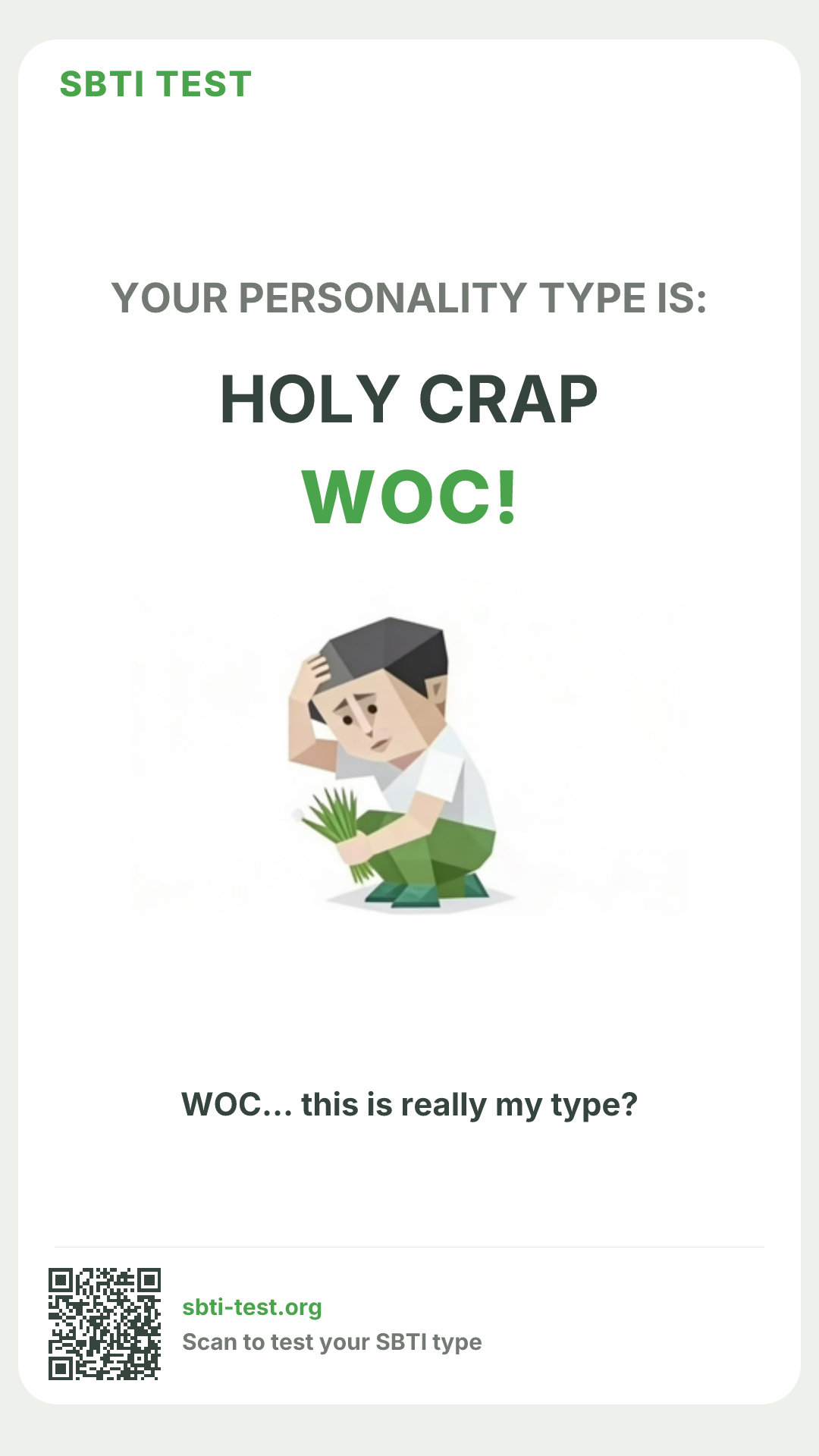 Affiche verticale SBTI pour WOC! Réacteur WOC, avec le visuel du type et les infos de partage