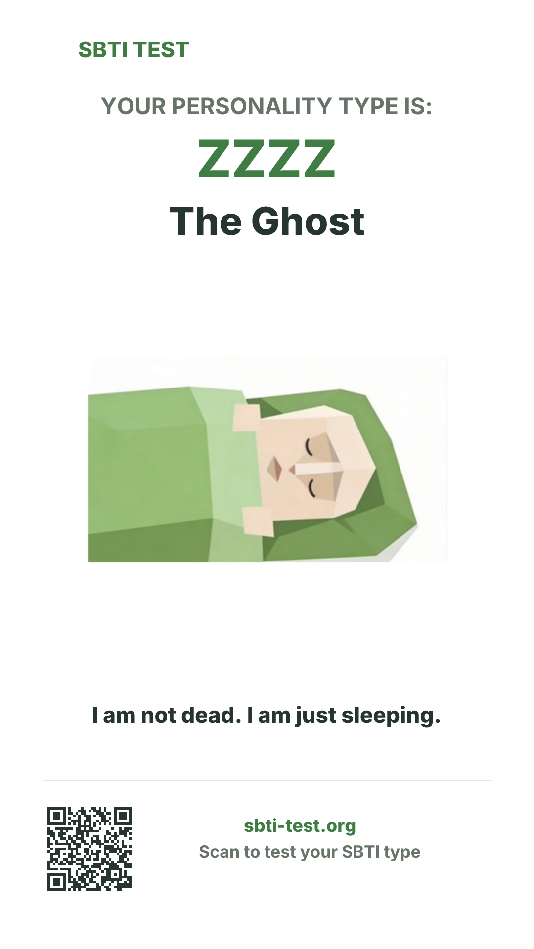 Vertical SBTI poster for ZZZZ The Ghost, showing the type artwork and share details