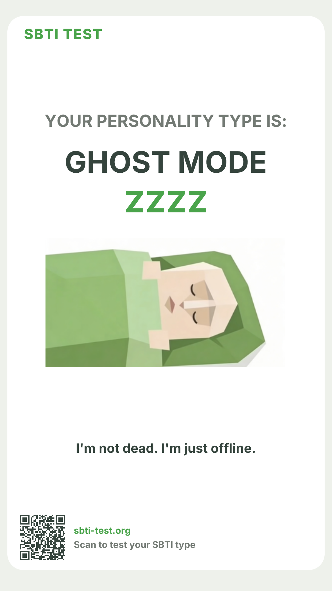 Affiche verticale SBTI pour ZZZZ Mode fantôme, avec le visuel du type et les infos de partage